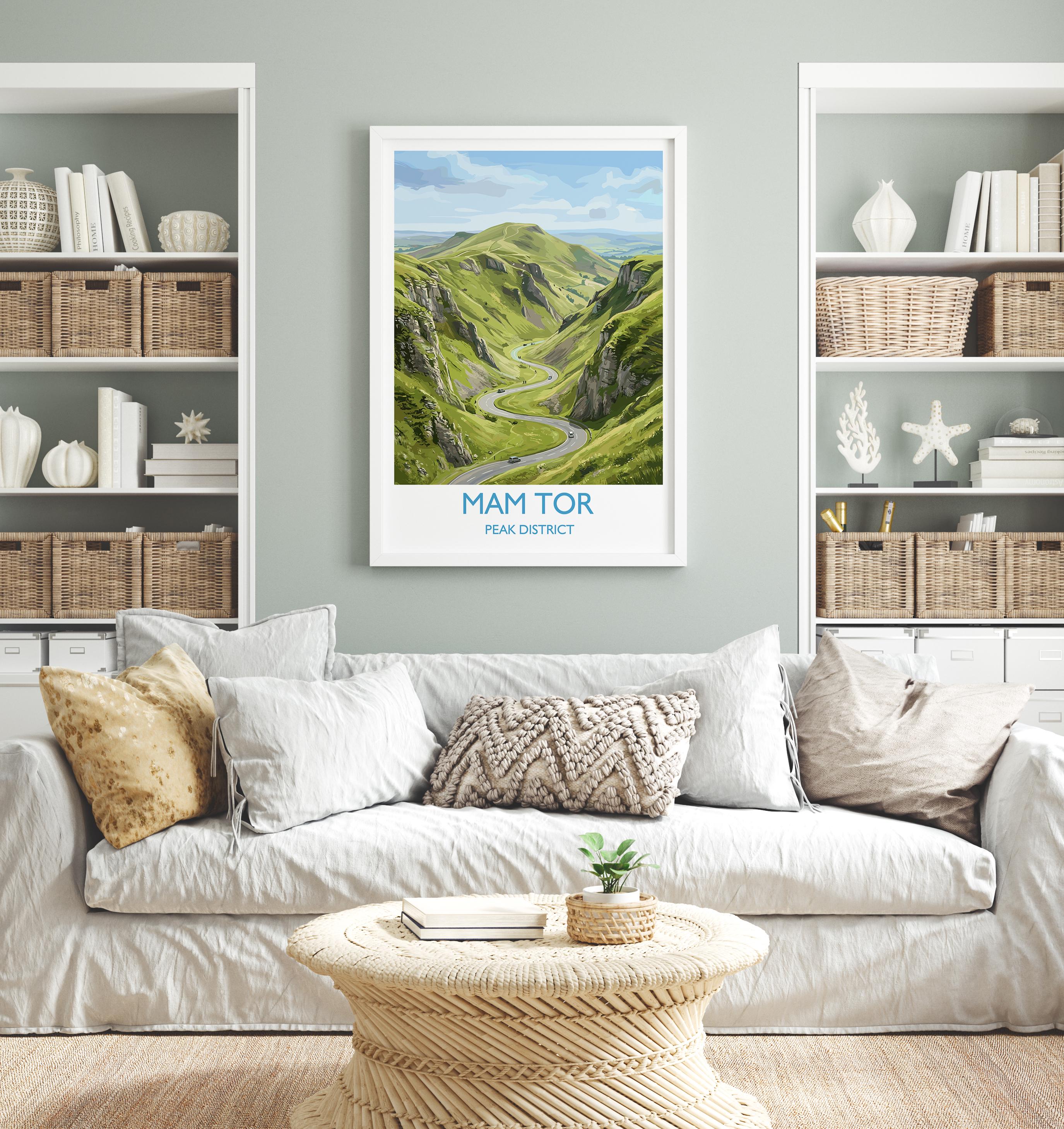 Mam Tor Travel Poster, Peak District Wall Art, Derbyshire Landscape Print, Great Ridge Illustration, UK Nature Decor, Peak District Gift NQ Media Designs