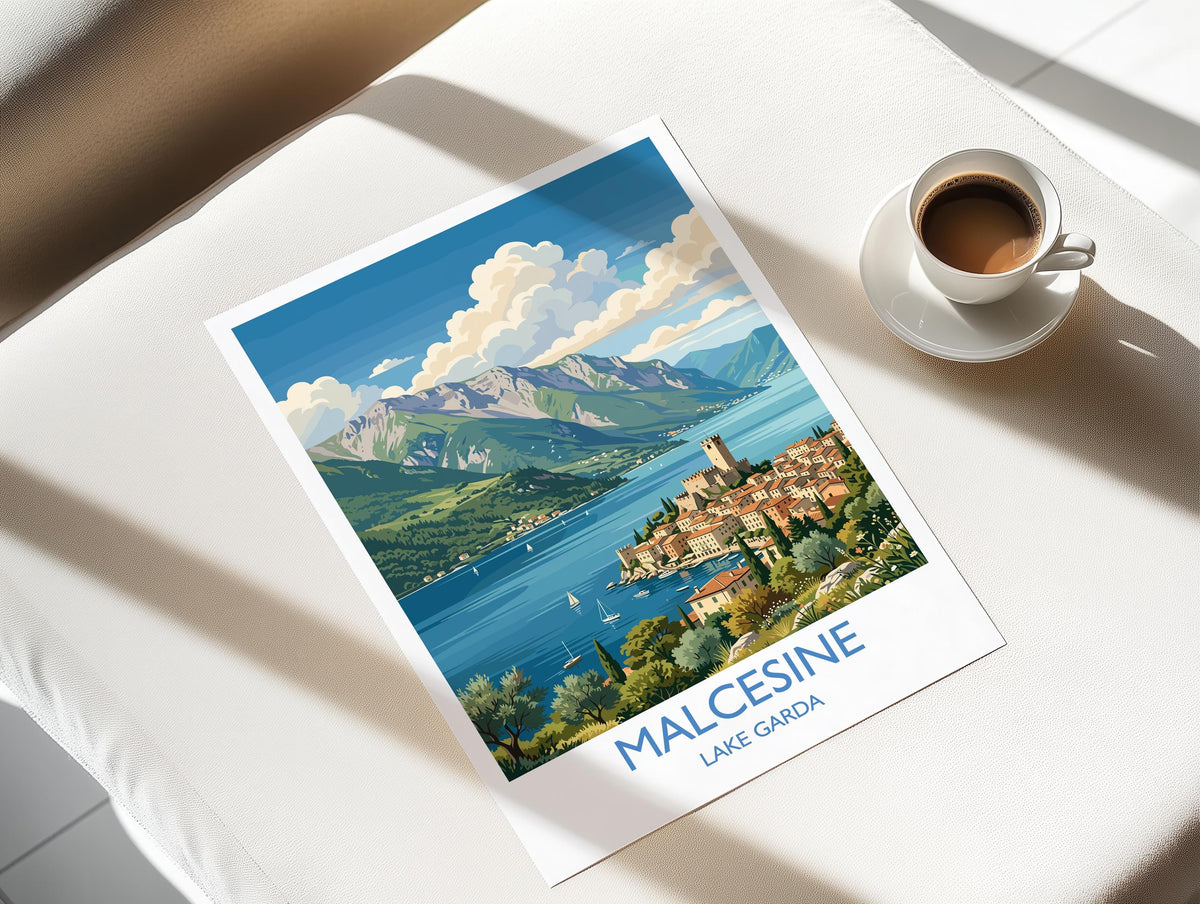 Malcesine Print, Lake Garda Wall Art with Border, Scaliger Castle Poster, Italy Travel Print, Malcesine Gift Print