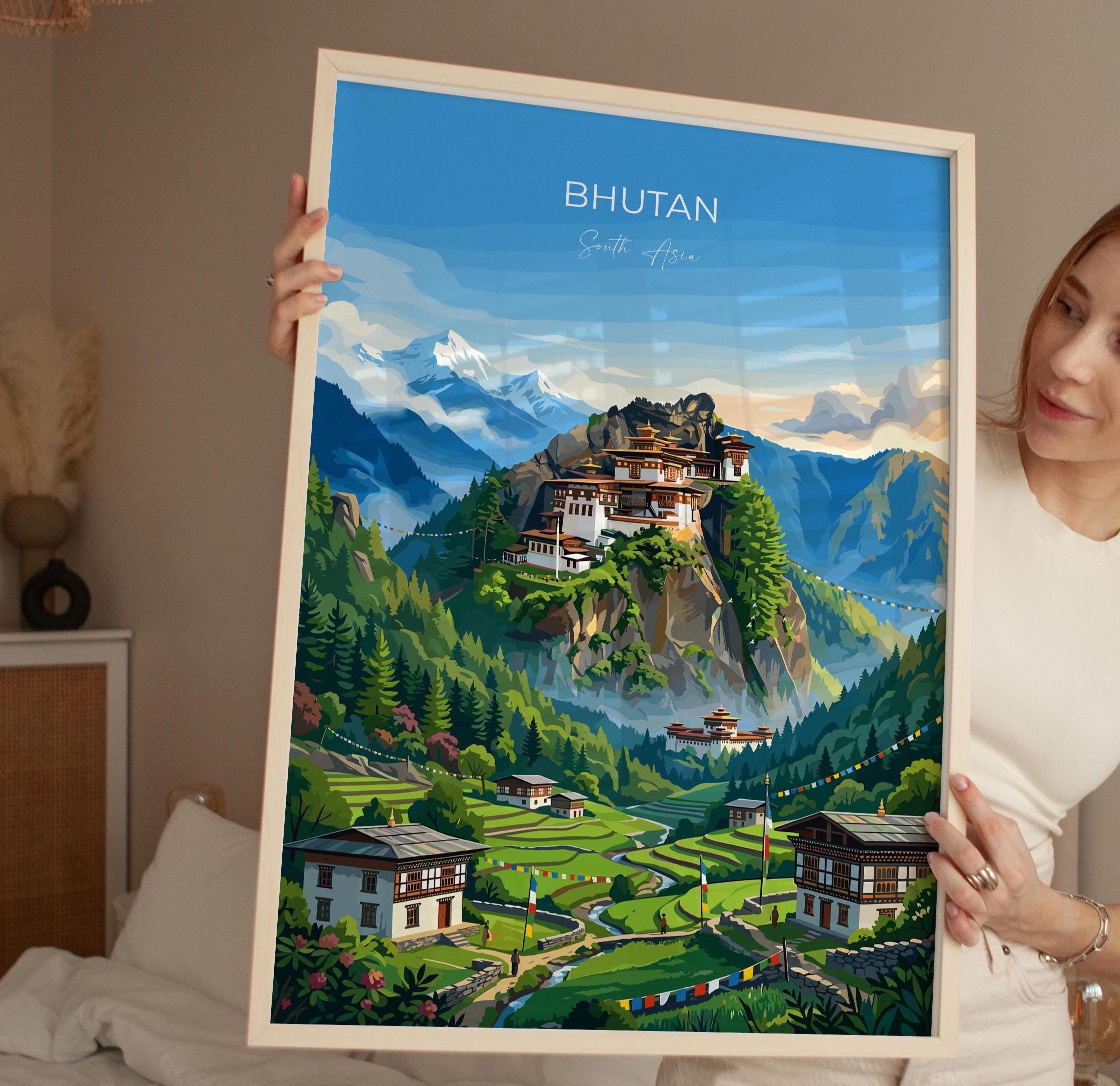 Bhutan South Asia Travel Print Himalayan Mountains Wall Art, Tiger's Nest Monastery Poster, Bhutan Landscape, Vintage Travel Poster