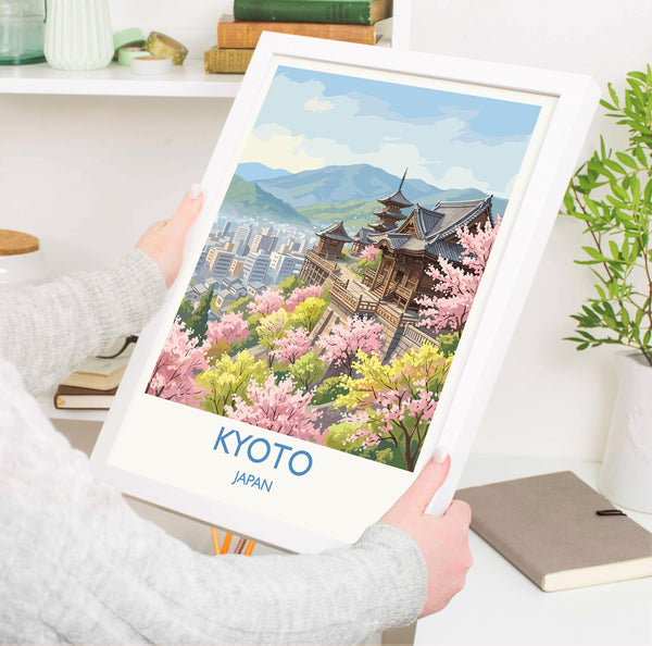 Kyoto Japan Travel Poster, Cherry Blossom Temple Wall Art, Japanese Landscape Print, Sakura Illustration, Asia Decor, Kyoto Gift