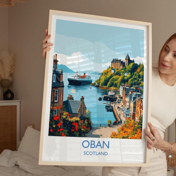 Oban Wall Art Print – Scenic Scotland Travel Poster, Harbour & Coastal Illustration, Gift for Travel Lovers