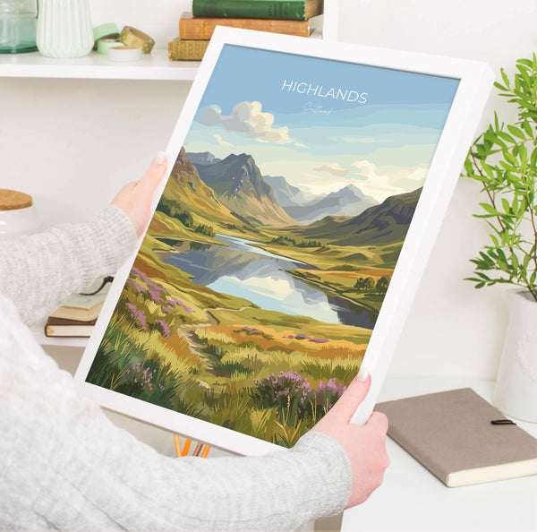 Scottish Highlands Travel Poster, Scotland Landscape Wall Art, Mountain & Loch Print, Dramatic Nature Illustration, UK Decor, Scotland Gift