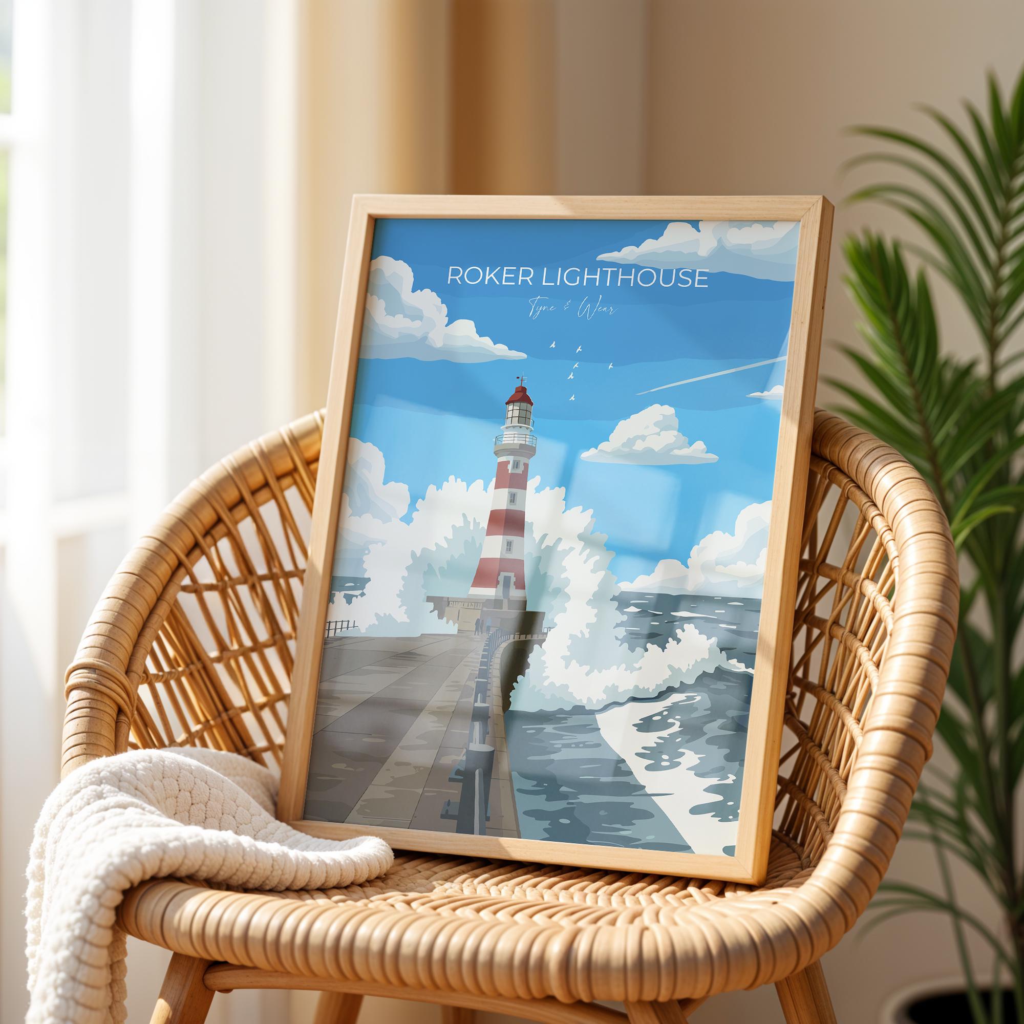 Roker Lighthouse Travel Poster Wall Art, Travel Print of Roker Pier Lighthouse, Sunderland, Northern England, Tyne & Wear Art Gift NQ Media Designs