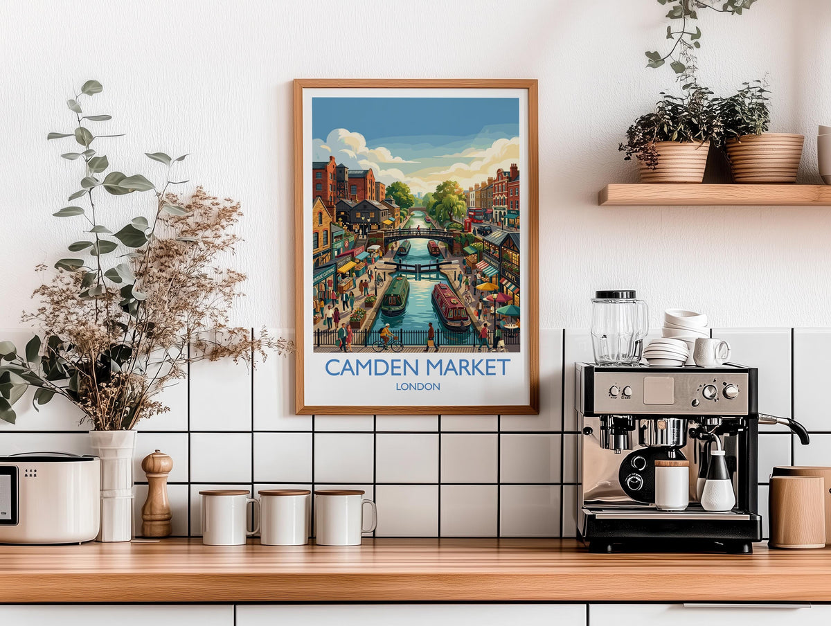 Camden Market London Print, Camden Lock Wall Art with Border, Camden Town Poster, Colourful Market Print, London Travel Print
