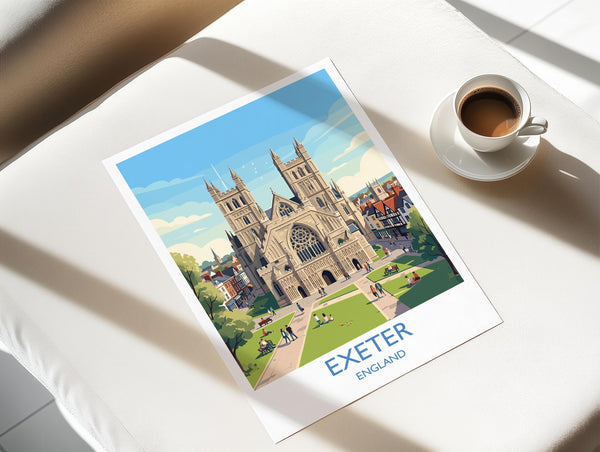Exeter Cathedral Travel Poster, Exeter Devon Wall Art, Historic England City Print, Gothic Architecture Illustration, UK Decor, Exeter Gift