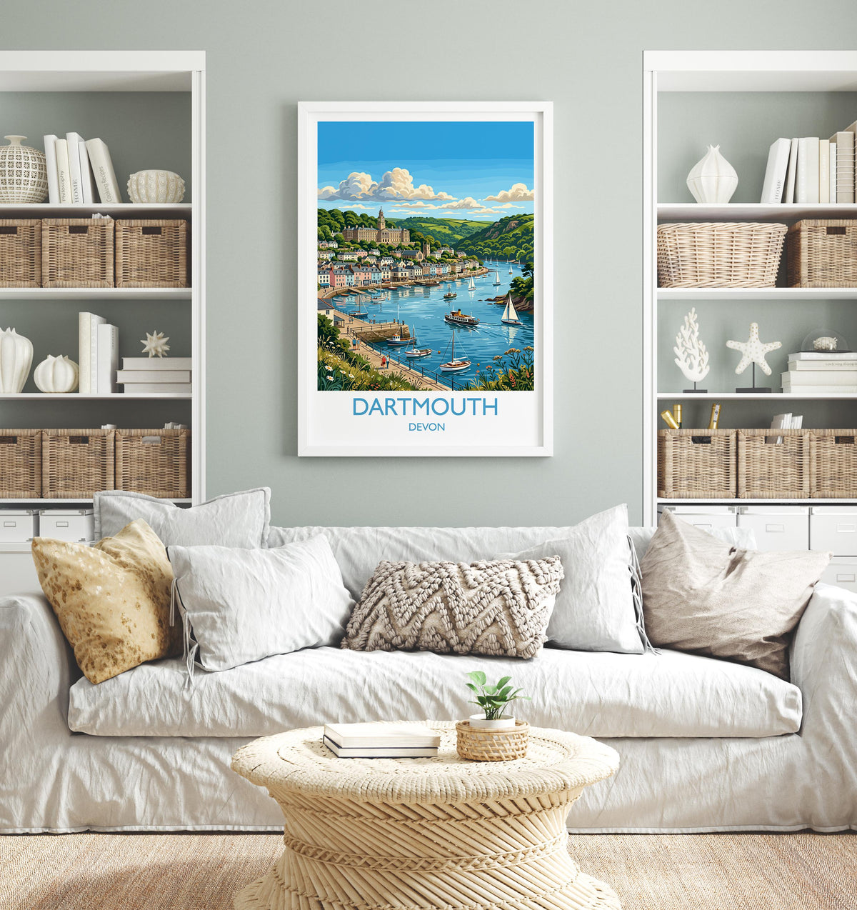 Dartmouth Print, Devon Travel Poster with White Border, River Dart Wall Art, Britannia Royal Naval College Print, Devon Coastal Gift
