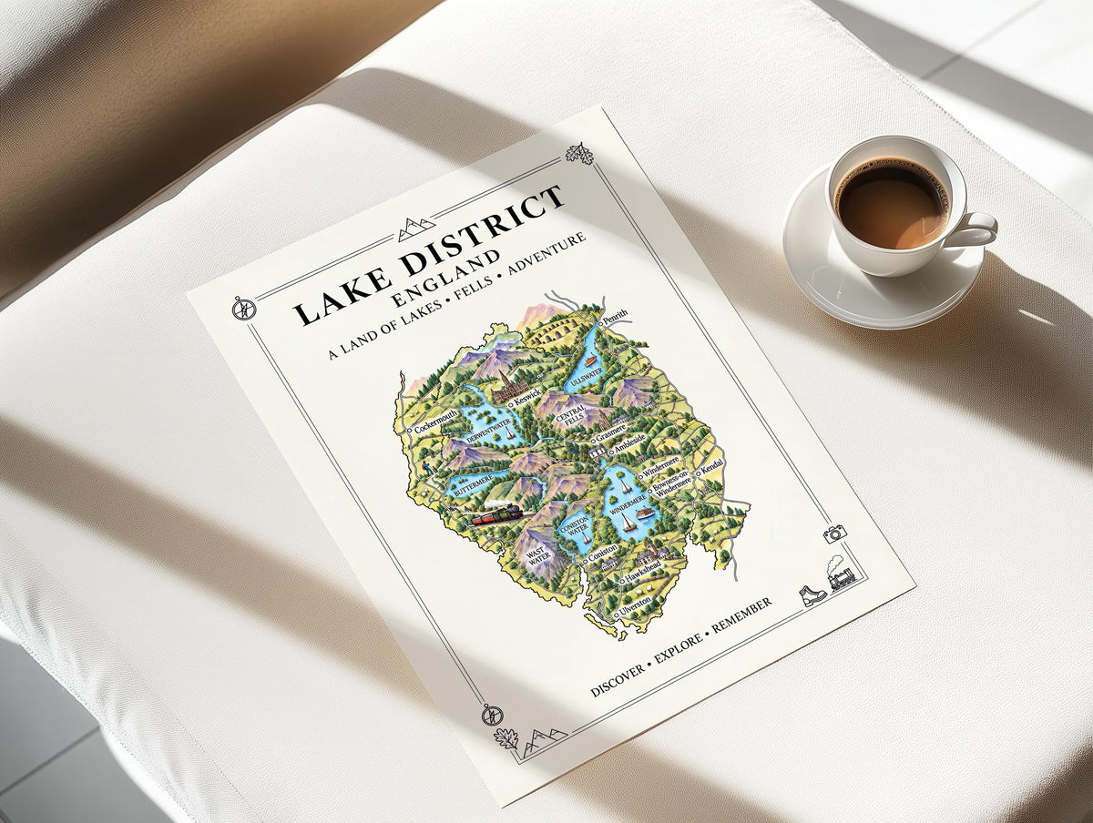 Lake District Illustrated Map Print, England Wall Art, Cumbria Map Poster, Framed or Canvas Print, Lake District Gift
