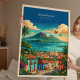 Nicaragua Travel Poster, Granada Cathedral Wall Art, Ometepe Volcano Print, Lake Nicaragua & Colonial City, Central America Travel Poster