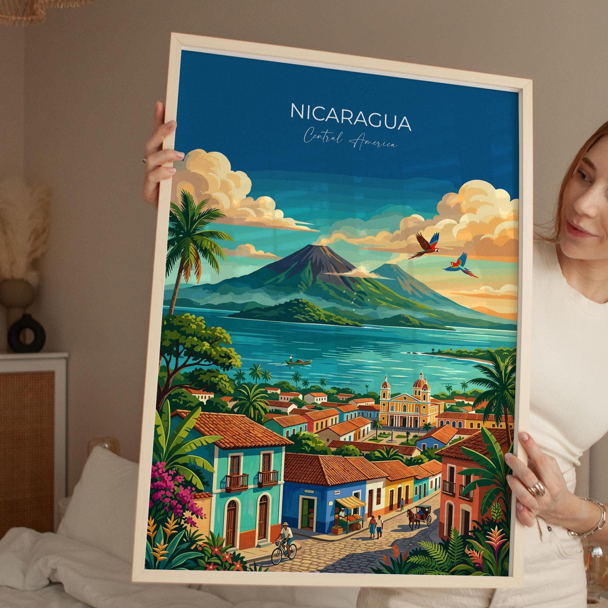 Nicaragua Travel Poster, Granada Cathedral Wall Art, Ometepe Volcano Print, Lake Nicaragua & Colonial City, Central America Travel Poster