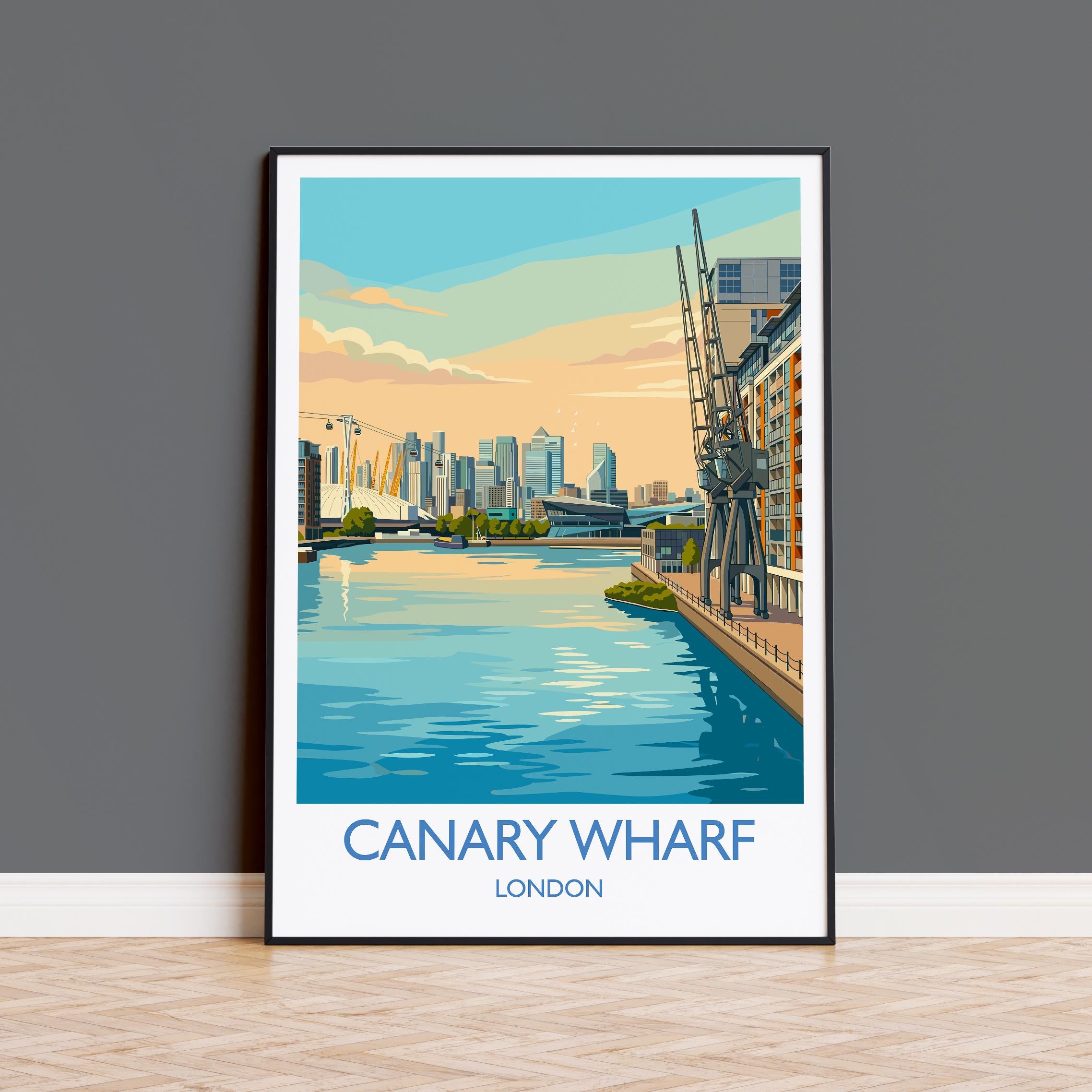 Canary Wharf London Travel Poster, Royal Victoria Dock Wall Art, London Skyline Print, O2 & Cable Car, East London Travel Poster