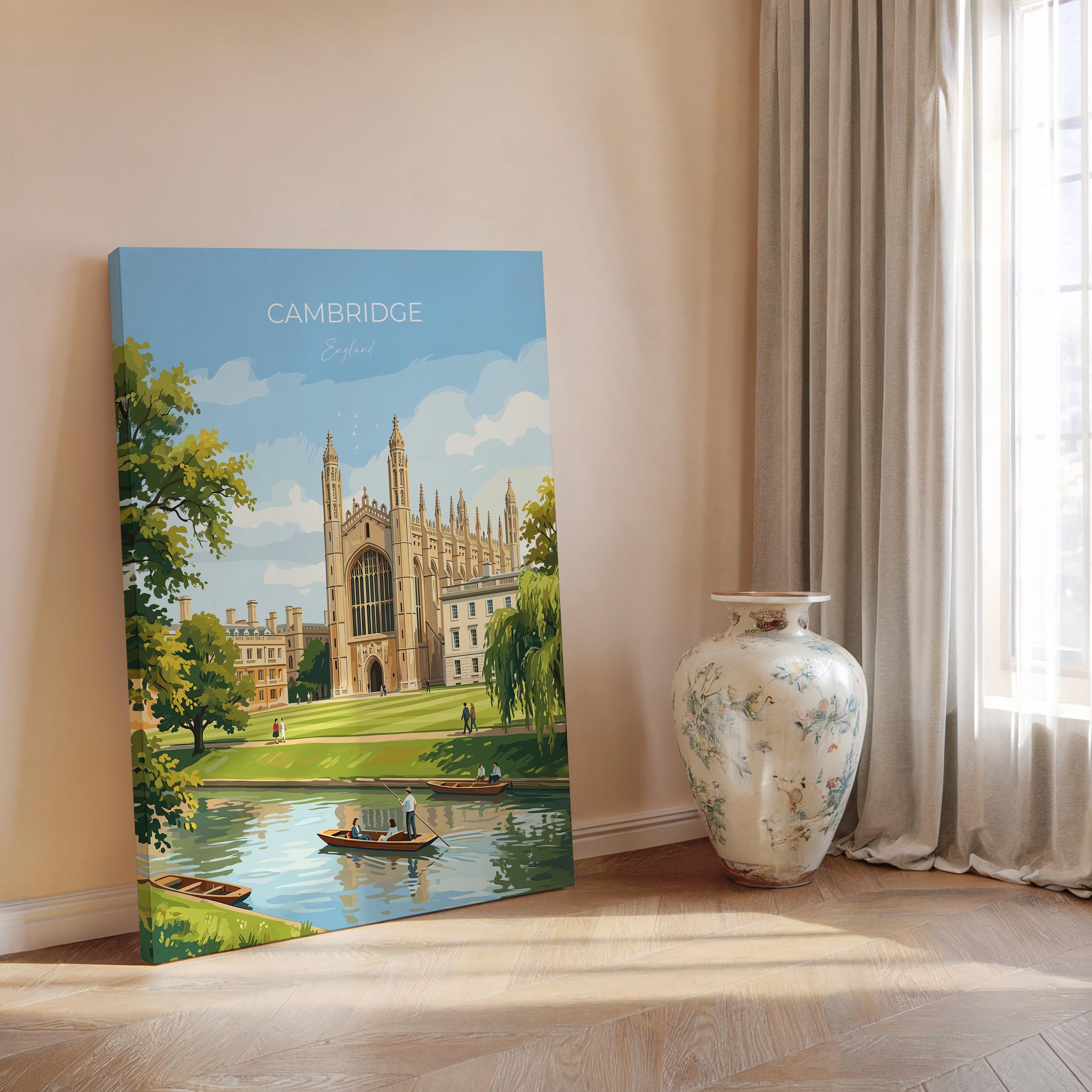Cambridge Travel Print, Kings College Cambridge Wall Art, River Cam Punting Scene Poster, Historic University Illustration, City Style UK NQ Media Designs
