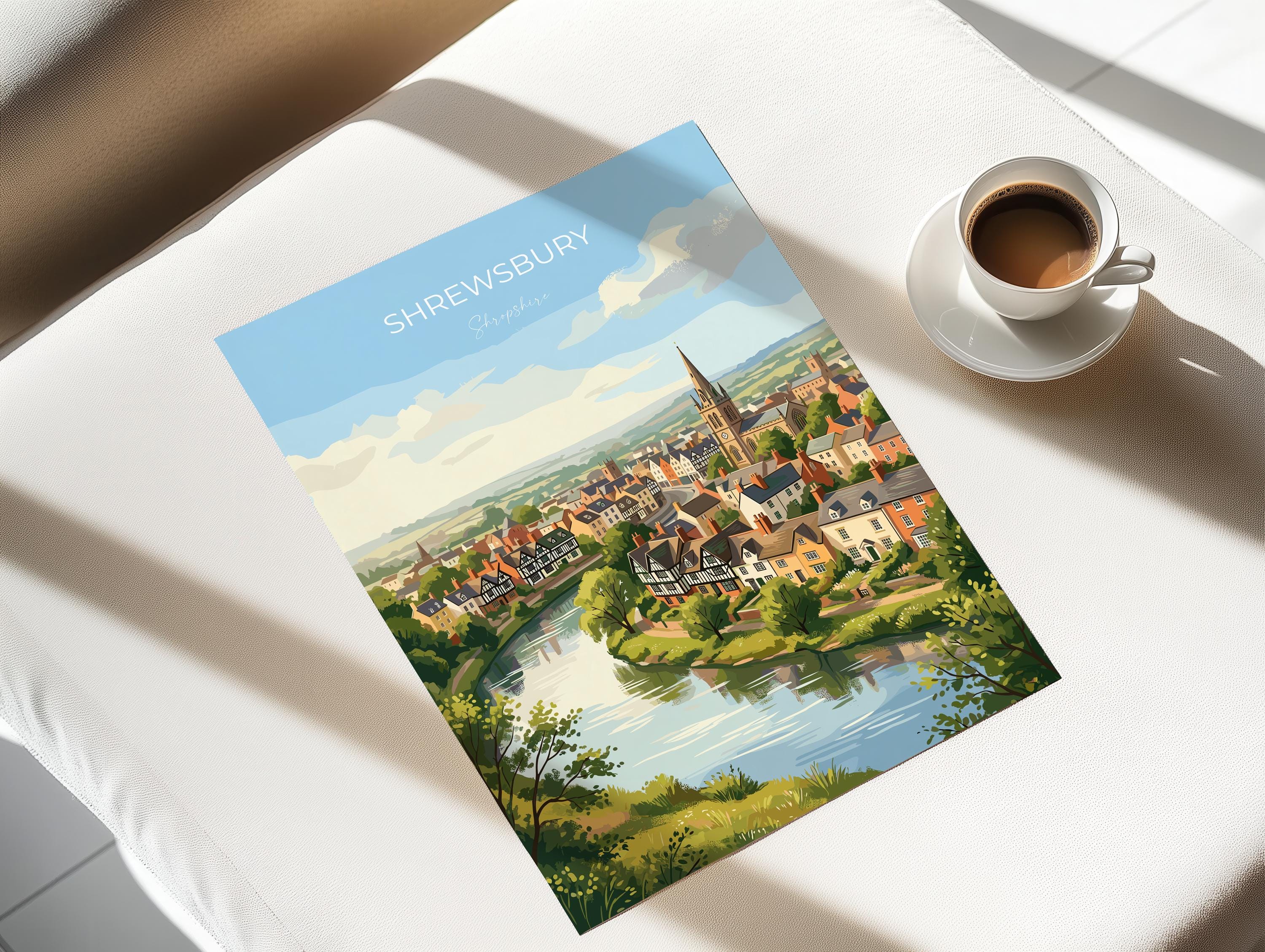 Shrewsbury Travel Print, River Severn Wall Art, Shrewsbury Town Poster, Historic Church Illustration, Shropshire Landscape, UK Decor