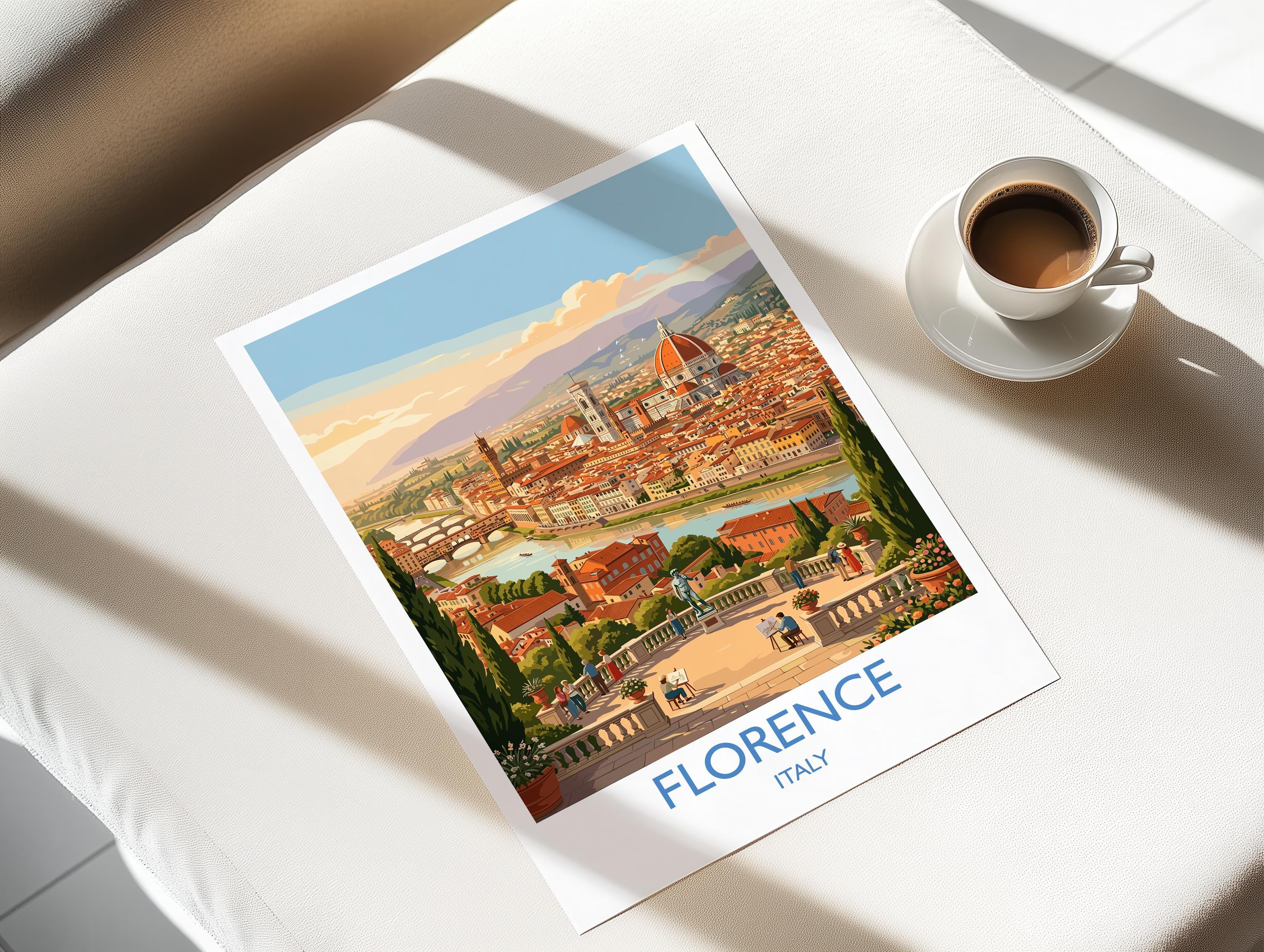 Florence Italy Travel Poster, Piazzale Michelangelo View, Florence Skyline Wall Art, Duomo Print, Tuscany Vintage Travel Poster