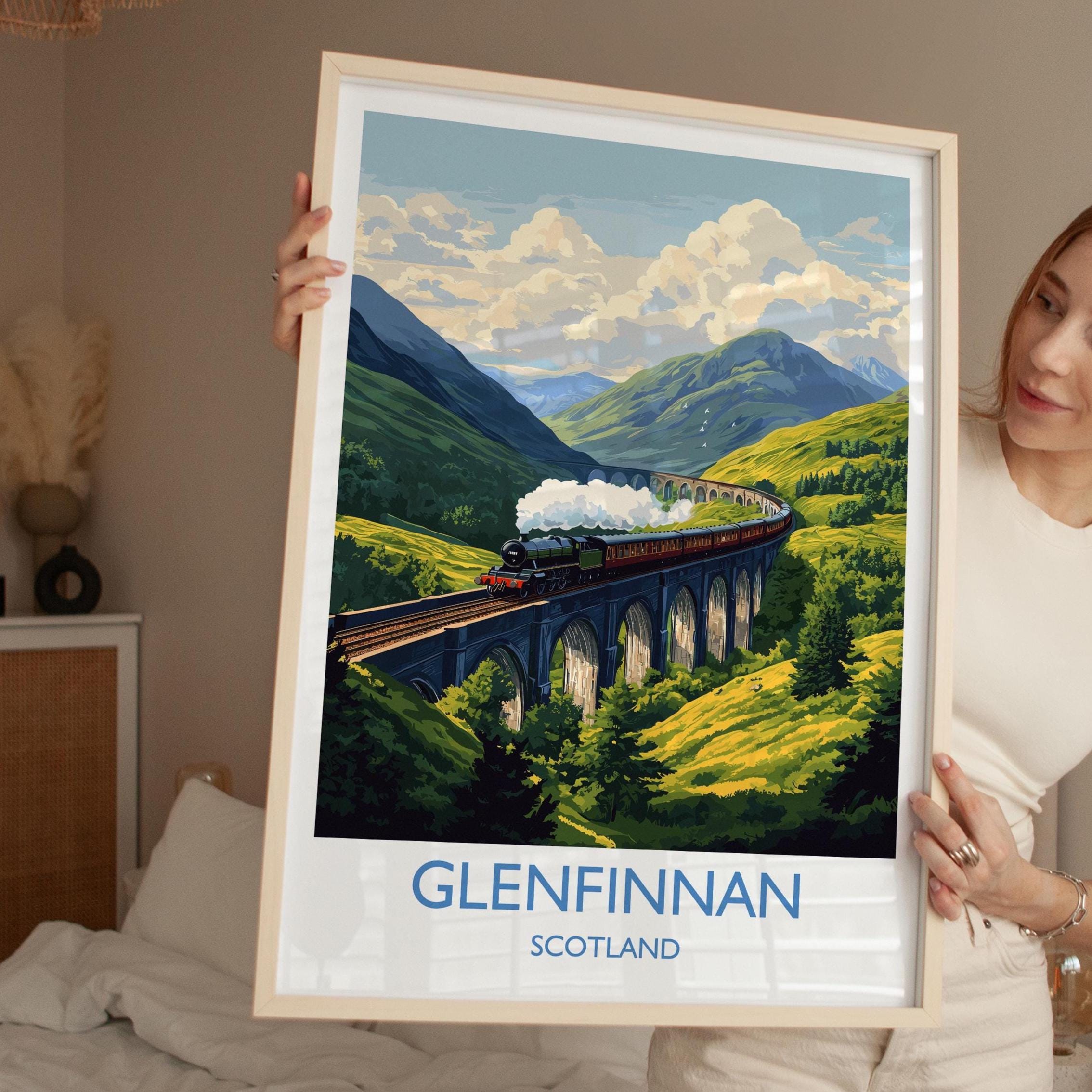 Glenfinnan Viaduct Travel Print Wall Art, Scottish Highlands Art, Railway Bridge Poster, Scotland Landscape, Steam Train Decor Artwork NQ Media Designs