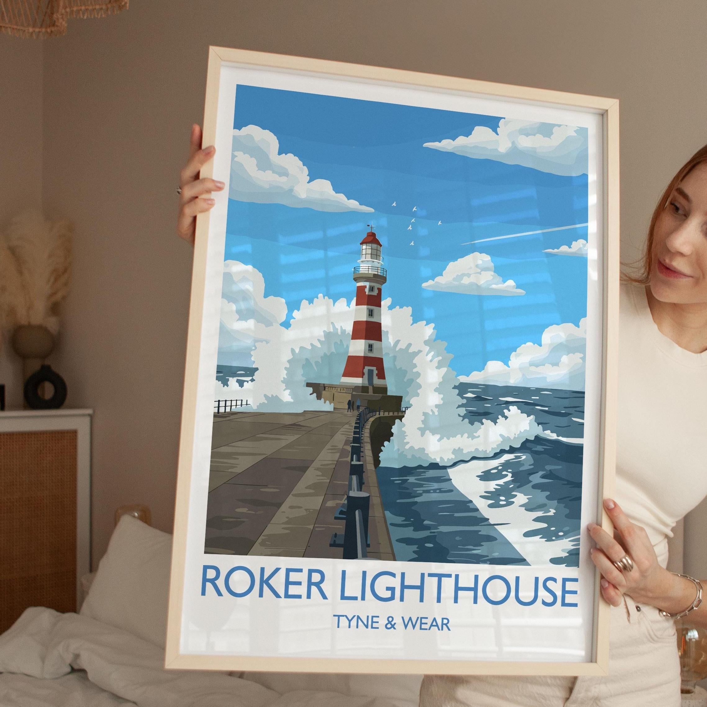 Roker Lighthouse Travel Print Wall Art, Travel Poster of Roker Pier Lighthouse, Sunderland, Northern England, Tyne & Wear Art Gift NQ Media Designs