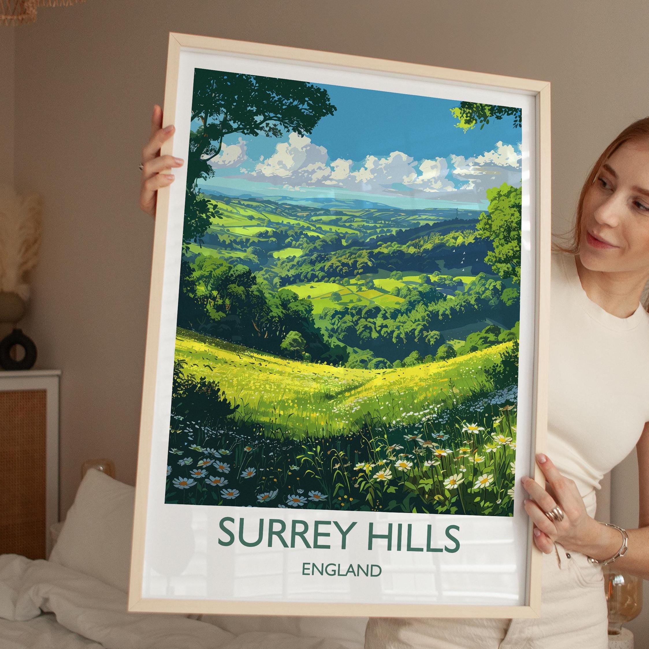 Surrey Hills Travel Poster Wall Art, Surrey Hills Travel Print, English Countryside Art Gift, Wall Art Print NQ Media Designs