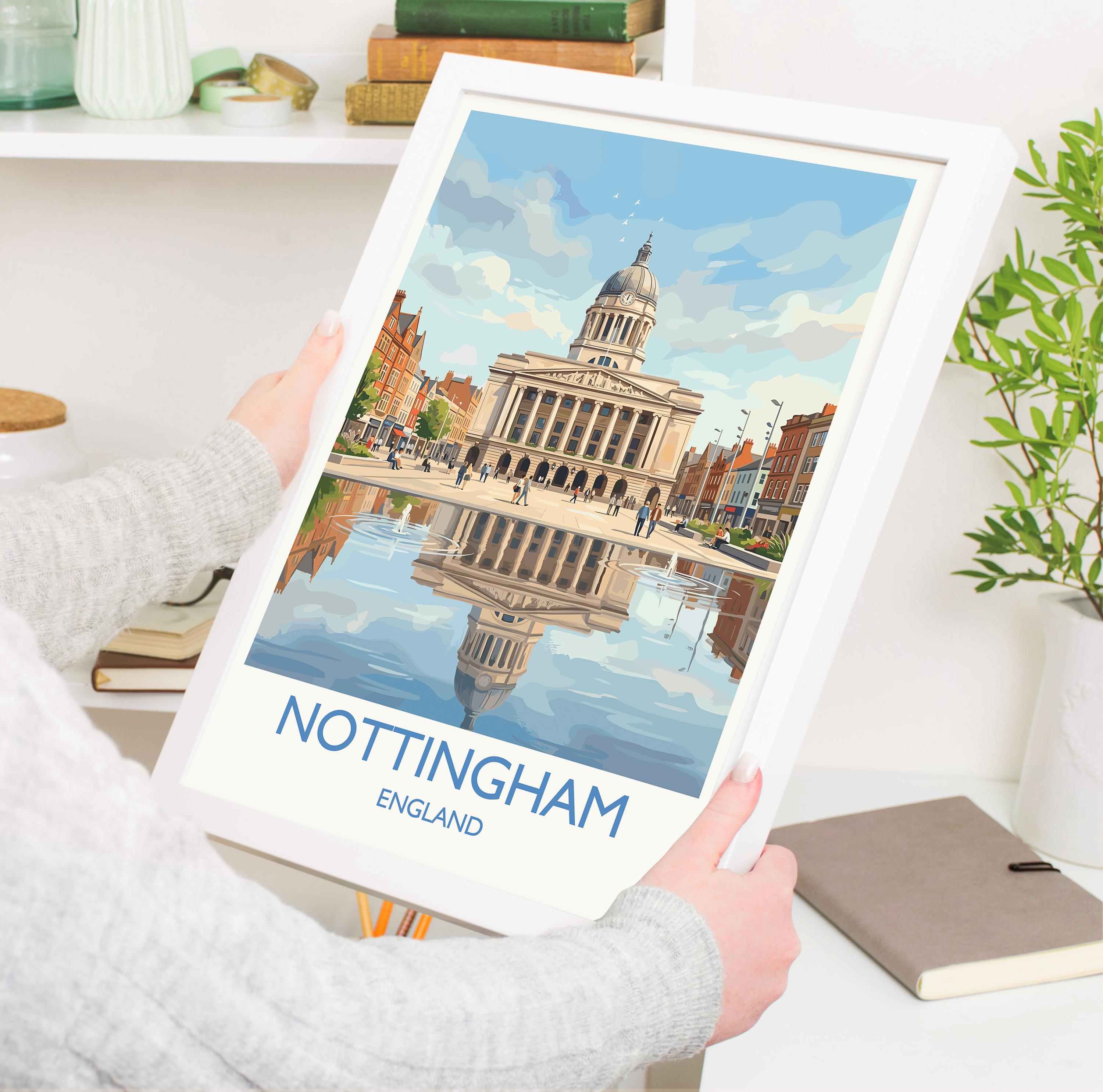 Nottingham Travel Poster, Exchange Building Wall Art, Old Market Square Print, Nottingham City Illustration, UK City Decor, Nottingham Gift