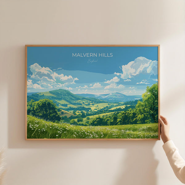Malvern Hills Landscape Travel Poster Wall Art, Travel Print of Malvern Hills, Malvern Hills Art Lovers Gift, English Countryside