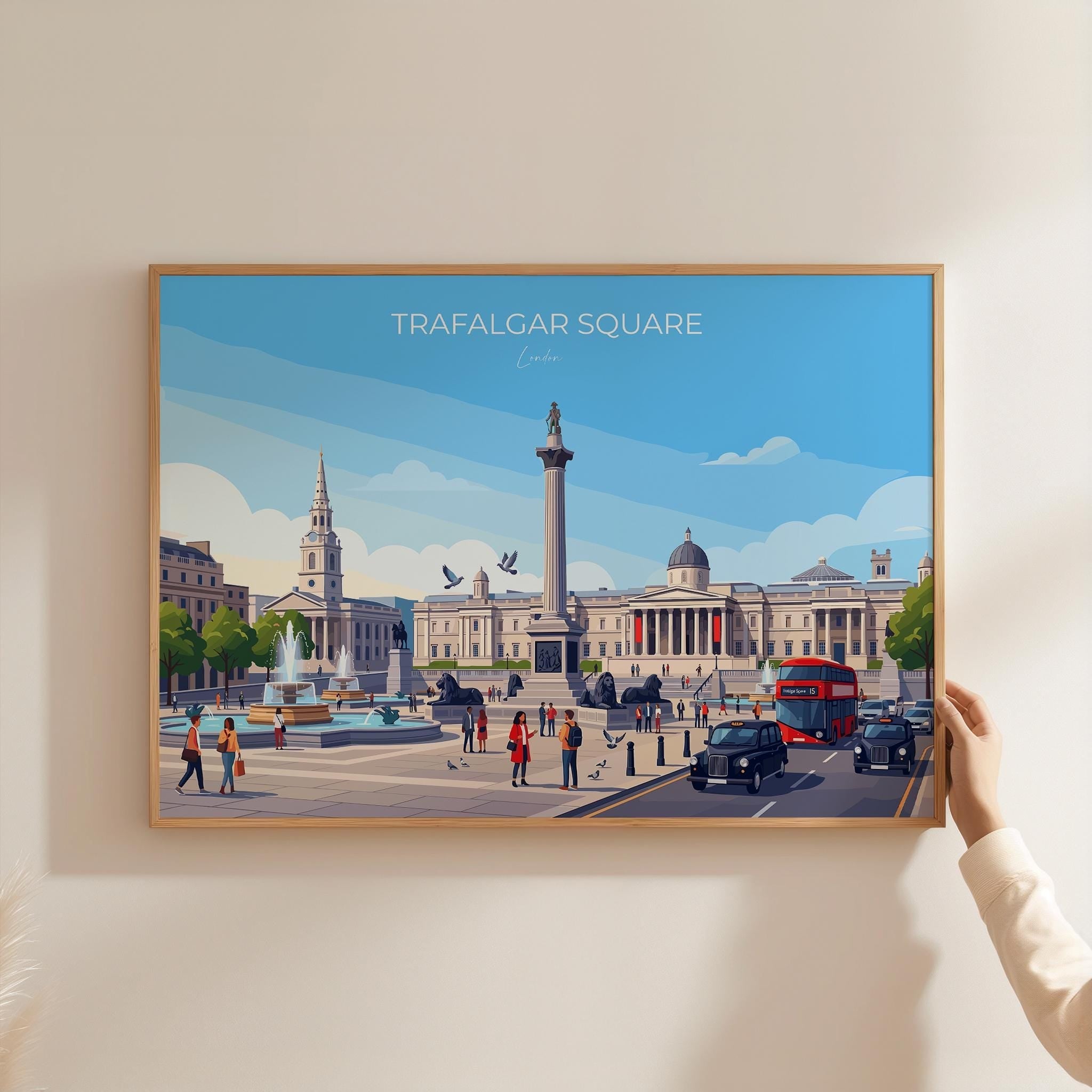 Trafalgar Square Landscape London Travel Print, London Wall Art Poster, Nelson’s Column Illustration,UK City Decor, Landmark Gift NQ Media Designs