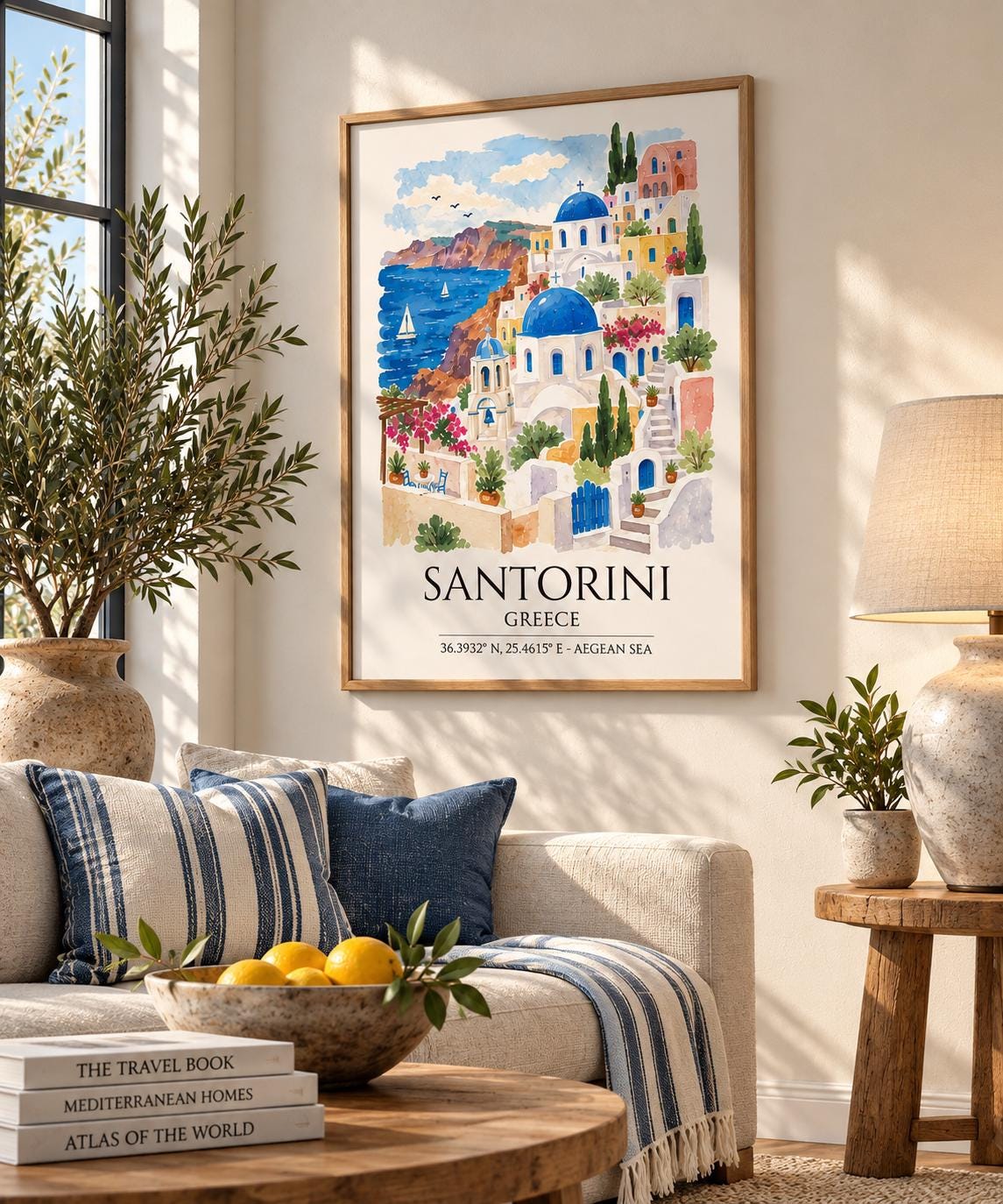 Santorini Greece Watercolour Print, Oia Sunset Wall Art, Blue Dome Church Poster, Aegean Sea Print, Greek Island Watercolour