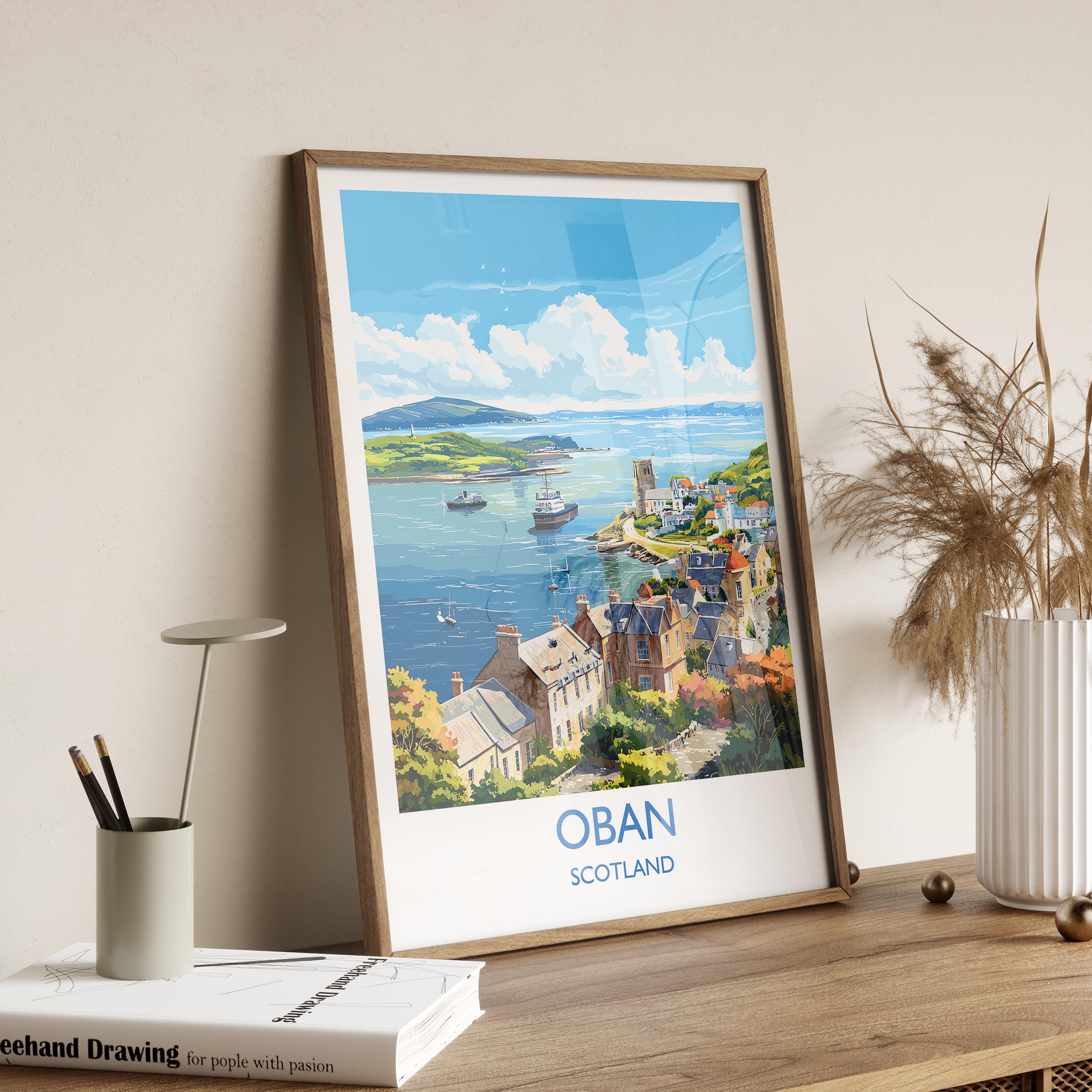 Oban Wall Art Print – Scenic Scotland Travel Poster, Harbour & Coastal Illustration, Gift for Travel Lovers NQ Media Designs