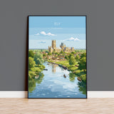 Ely Cathedral Travel Poster, Ely Cambridgeshire Wall Art, Historic England City Print, Gothic Cathedral Illustration, UK Decor, Ely Gift