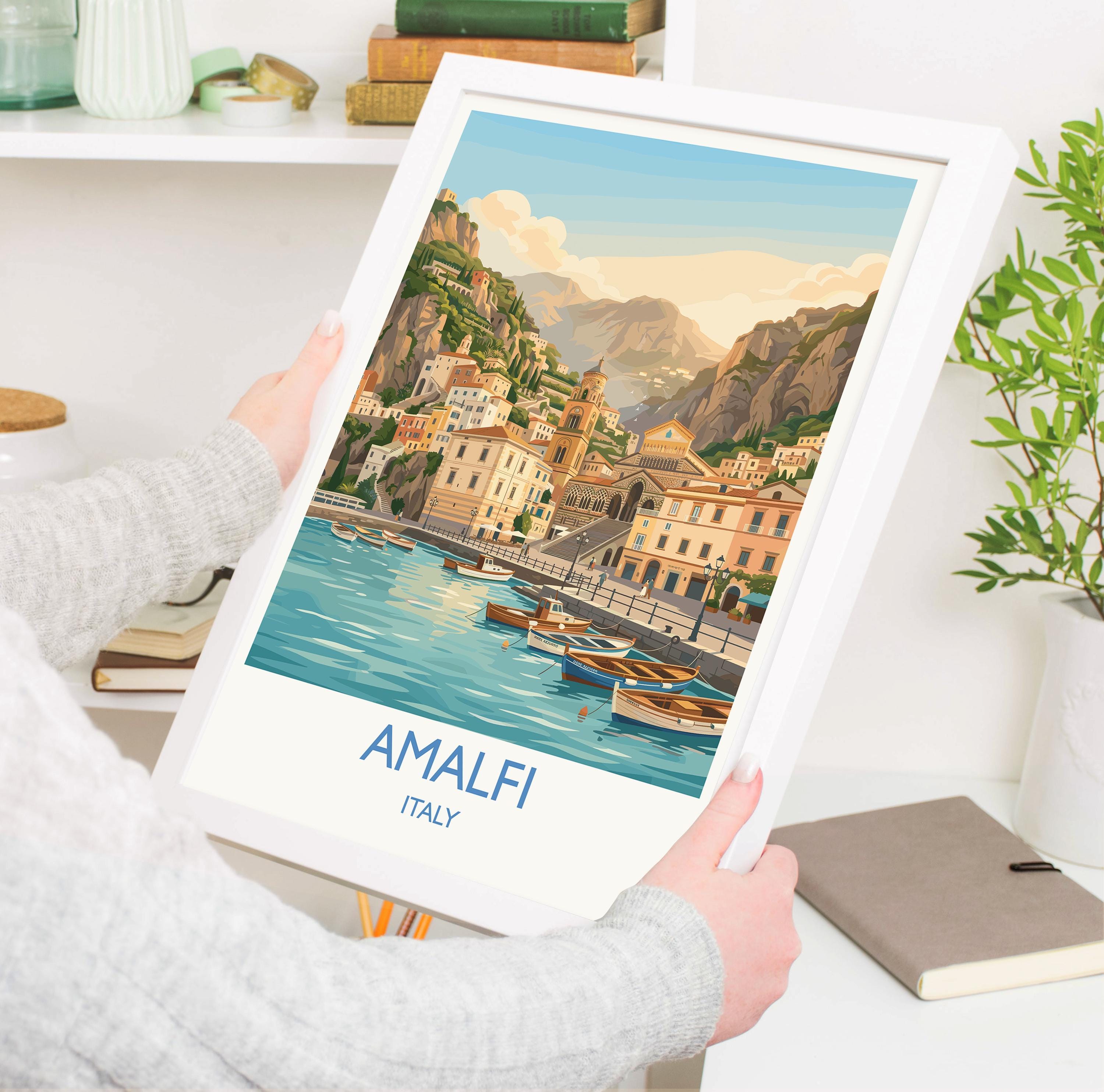 Amalfi Italy Travel Poster, Amalfi Coast Wall Art, Mediterranean Seaside Print, Colourful Coastal Village Illustration, Vintage Europe Decor