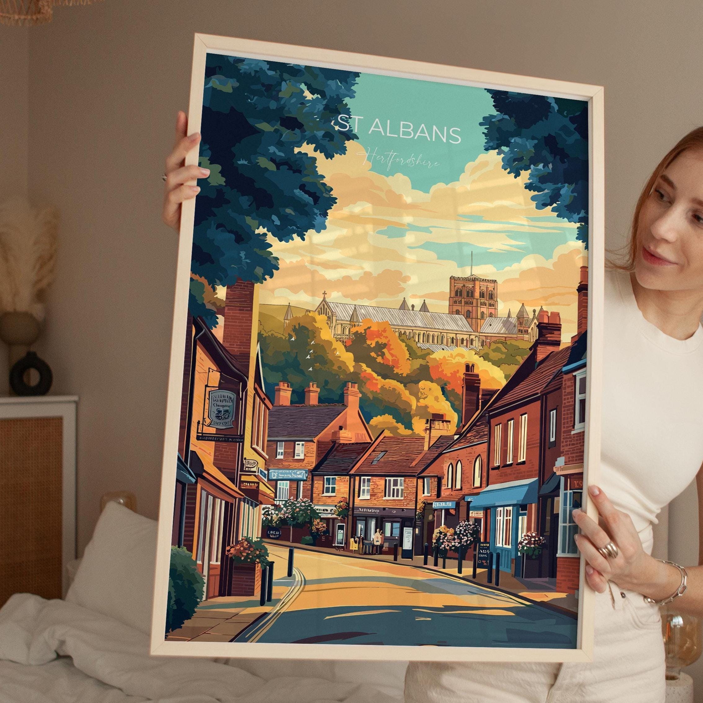St Albans Travel Print Wall Art, Travel Poster of St Albans, Hertfordshire, England, English Cathedral City Gift NQ Media Designs
