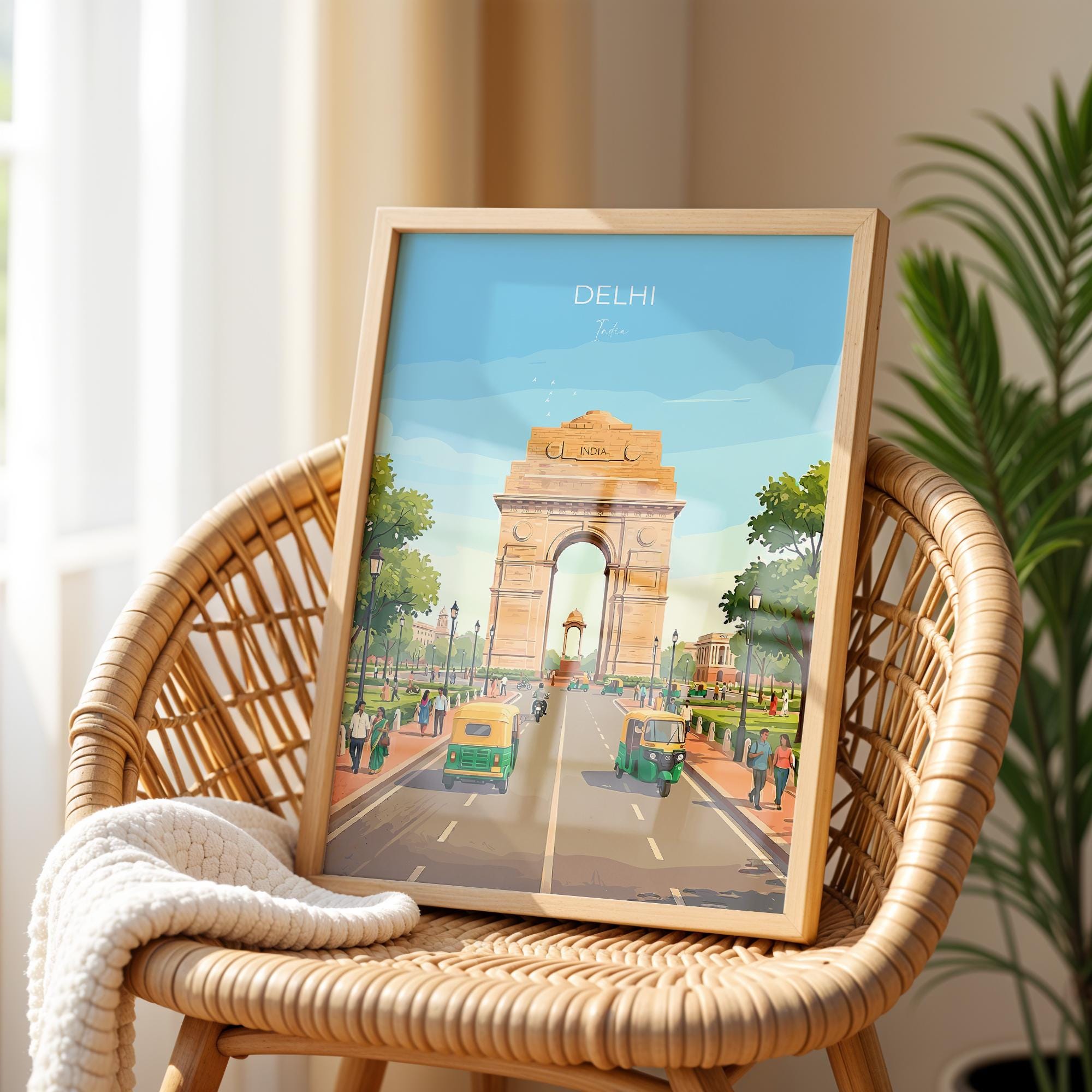 Delhi India Travel Print, India Gate Wall Art, New Delhi Landmark Poster, Historic Monument Illustration, Vintage Style Asia, India Gift