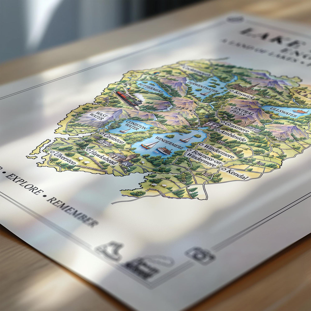 Lake District Illustrated Map Print, England Wall Art, Cumbria Map Poster, Framed or Canvas Print, Lake District Gift