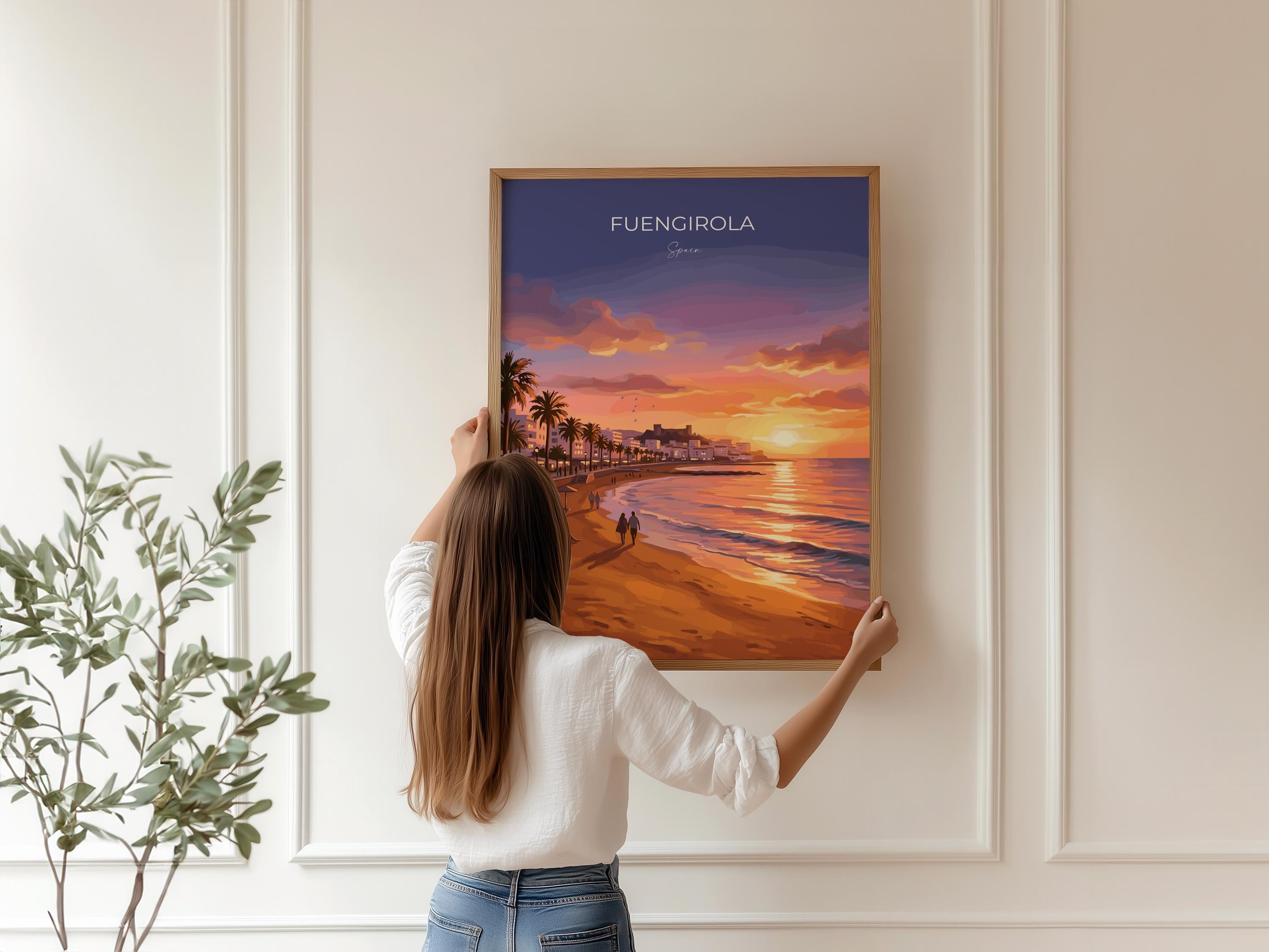 Fuengirola Spain Sunset Travel Print, Costa del Sol Beach Wall Art, Seaside Promenade Poster, Spanish Coastal Illustration, Holiday Decor