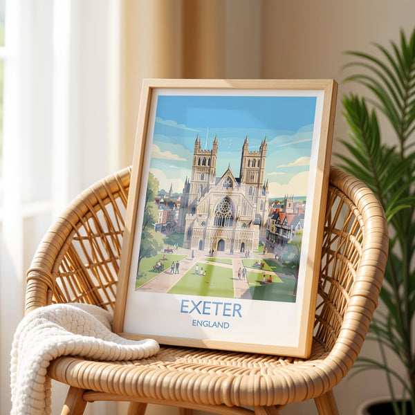 Exeter Cathedral Travel Poster, Exeter Devon Wall Art, Historic England City Print, Gothic Architecture Illustration, UK Decor, Exeter Gift