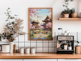 Kyoto Japan Travel Print, Cherry Blossom Temple Wall Art, Japanese Landscape Poster, Sakura Illustration, Asia Decor, Kyoto Gift