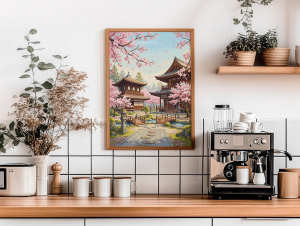 Kyoto Japan Travel Print, Cherry Blossom Temple Wall Art, Japanese Landscape Poster, Sakura Illustration, Asia Decor, Kyoto Gift