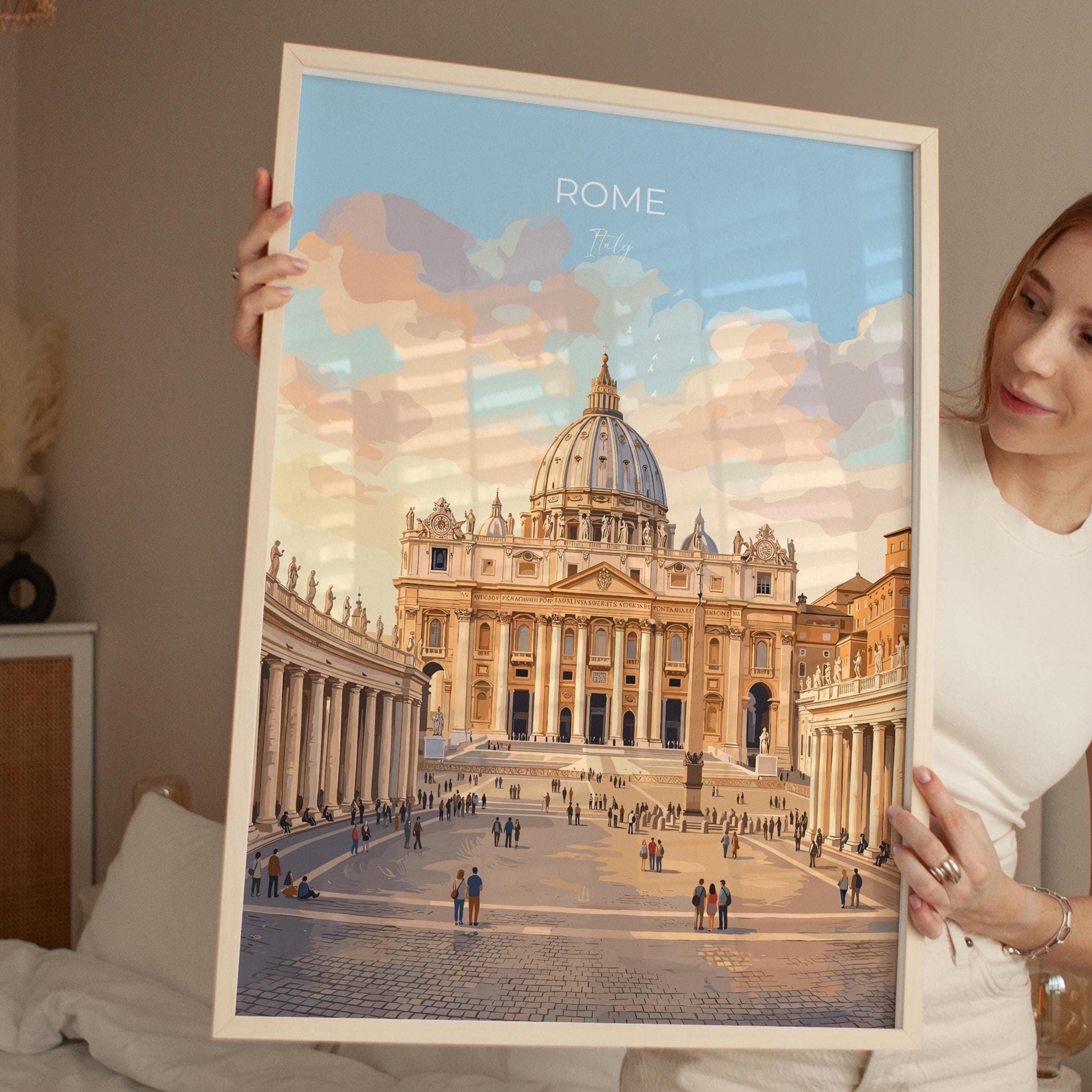 Rome St Peters Basilica Travel Print, Vatican Skyline Wall Art, Tiber River View Poster, Historic Cityscape Illustration, Italy Decor