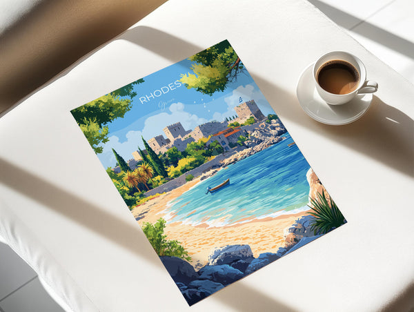 Rhodes Travel Poster, Travel Print of Rhodes, Greece Gift, Greek Islands Art Lovers Gift, Rhodes Wall Art Print