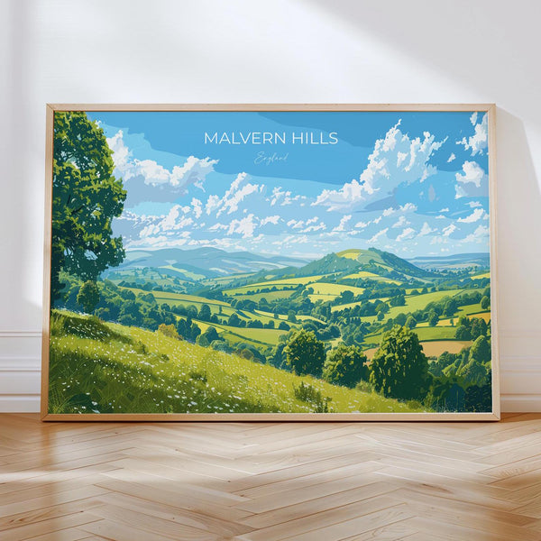 Malvern Hills Landscape Travel Poster Wall Art, Travel Print of Malvern Hills, Malvern Hills Art Lovers Gift, English Countryside