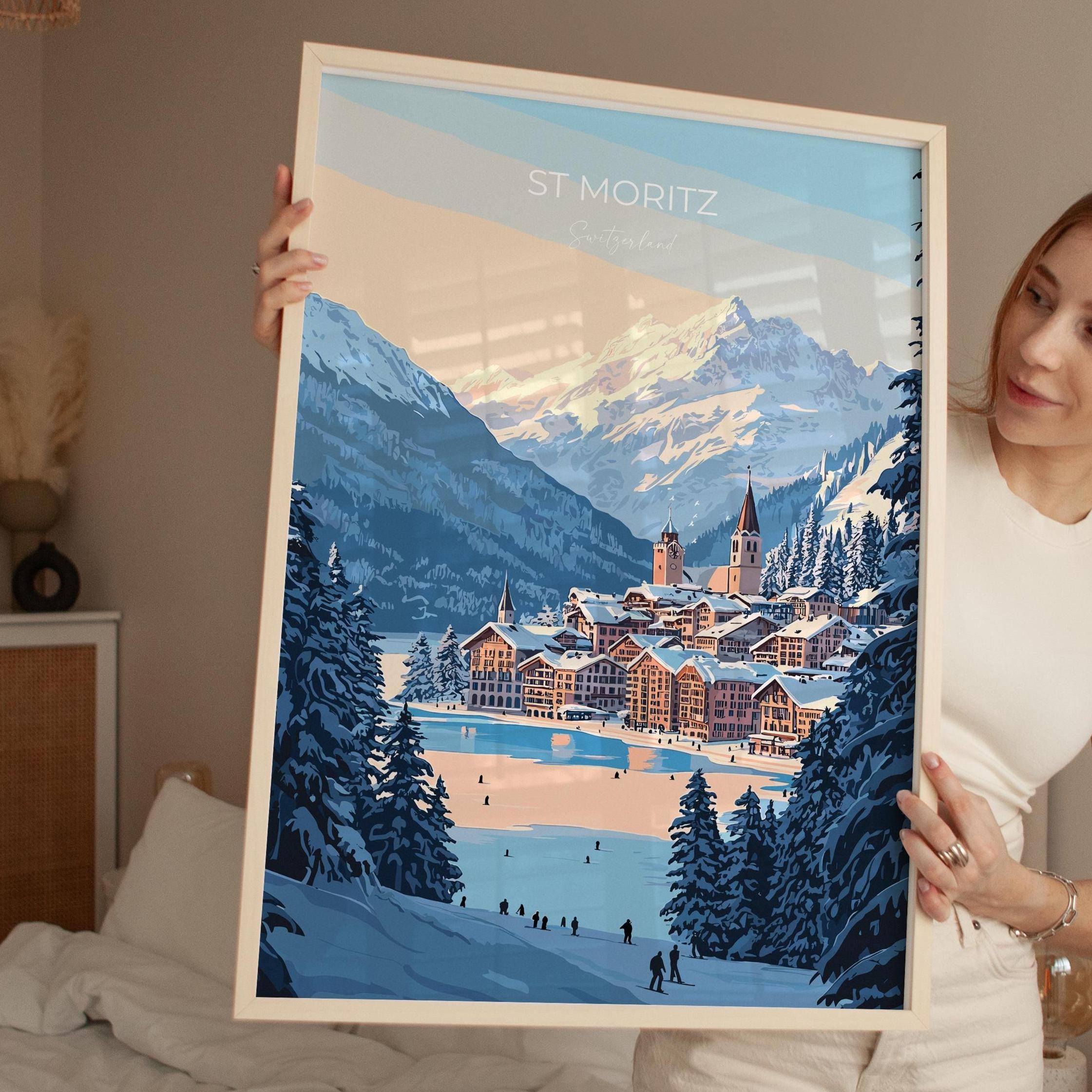 St Moritz Wall Art Travel Poster, Travel Print of St Moritz, Ski Poster, Switzerland Alps Art Travel Lovers Gift NQ Media Designs