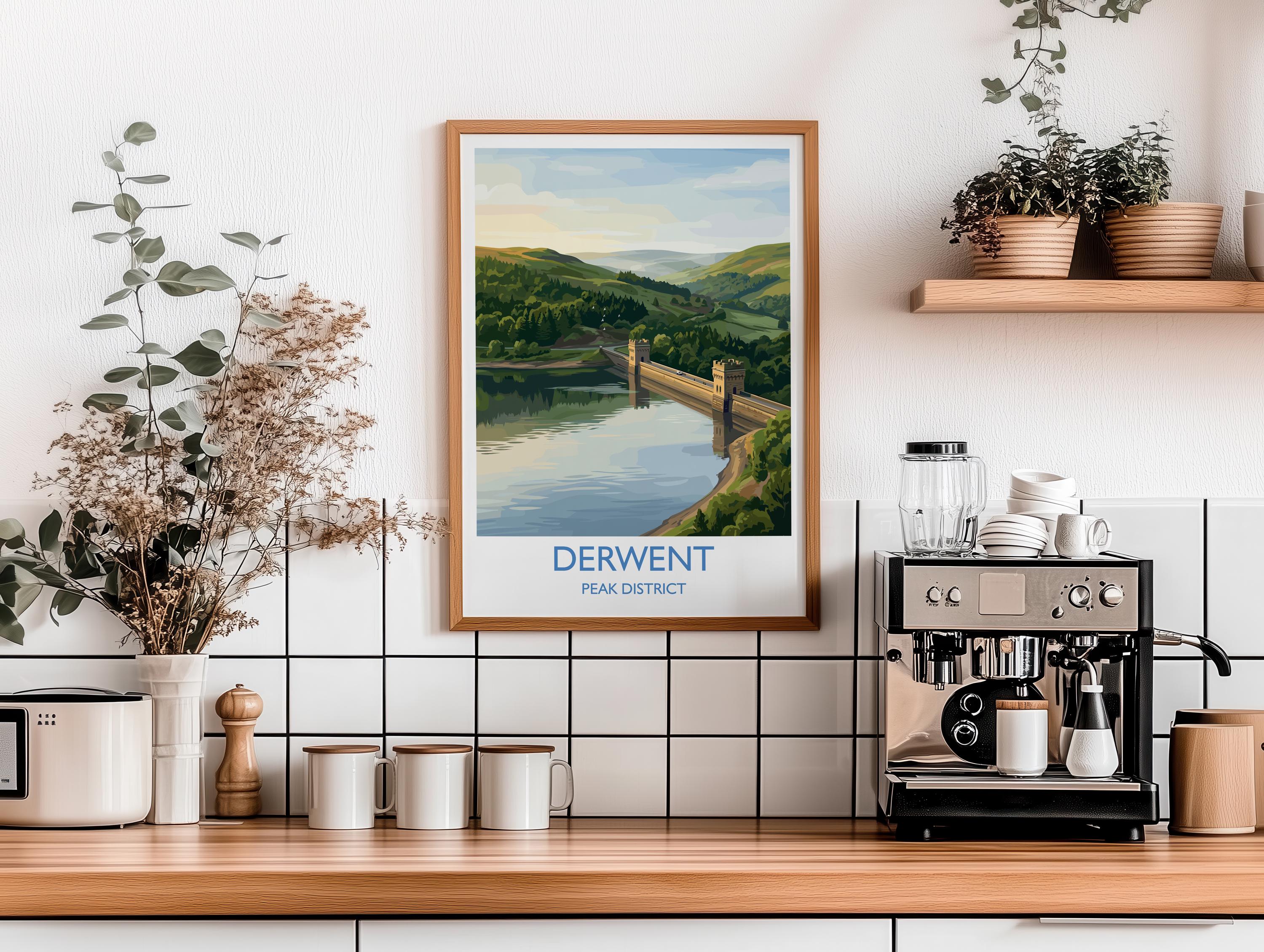 Derwent Reservoir Dam Travel Poster, Peak District Wall Art, Ladybower Dam Print, Derbyshire Landscape Illustration, UK Nature Decor NQ Media Designs