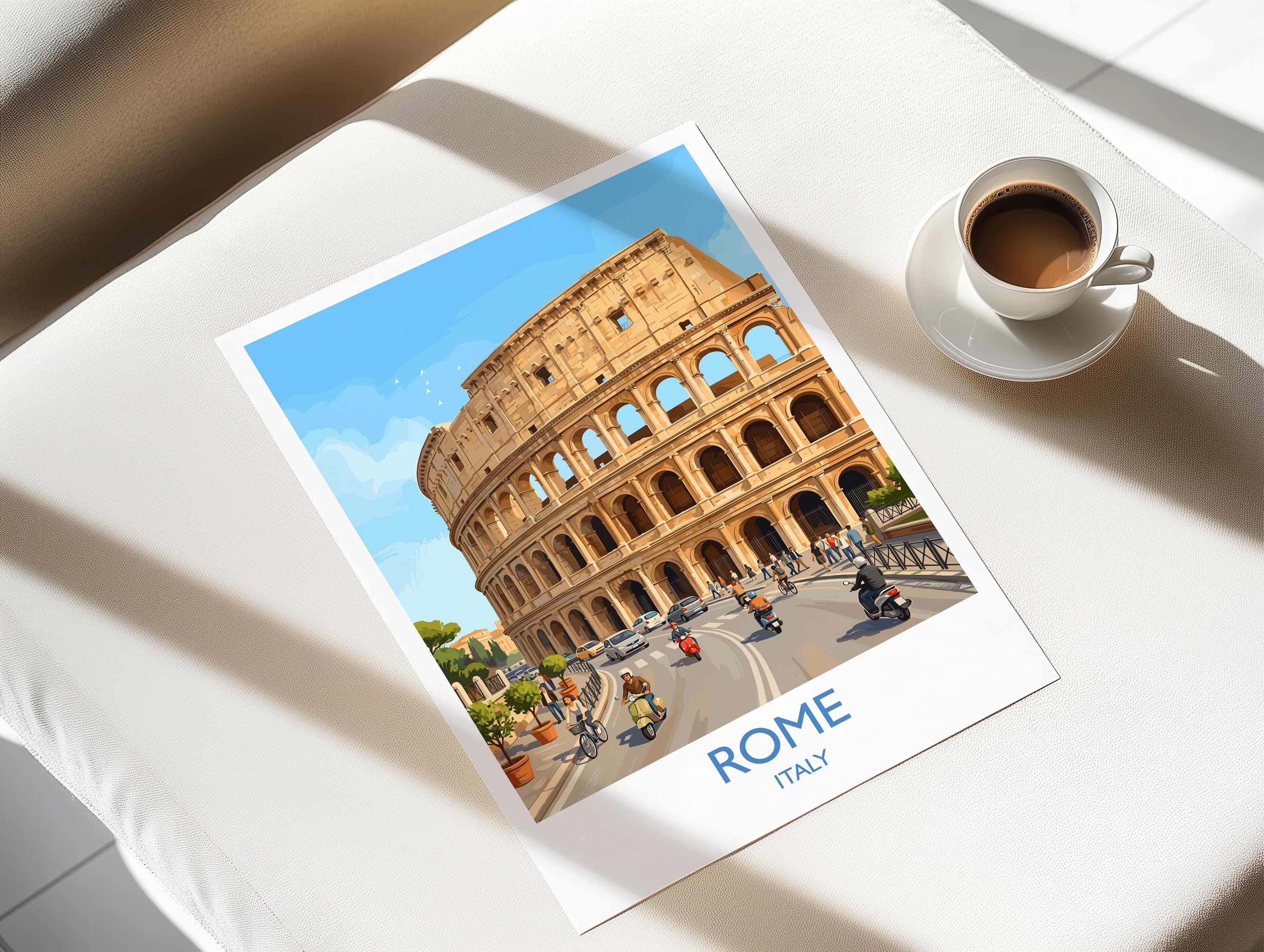 Rome Colosseum Travel Poster, Rome Italy Wall Art, Ancient Roman Architecture Print, Historic Landmark Illustration, Europe Decor, Rome Gift