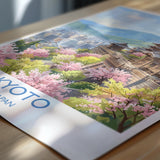 Kyoto Japan Travel Poster, Cherry Blossom Temple Wall Art, Japanese Landscape Print, Sakura Illustration, Asia Decor, Kyoto Gift
