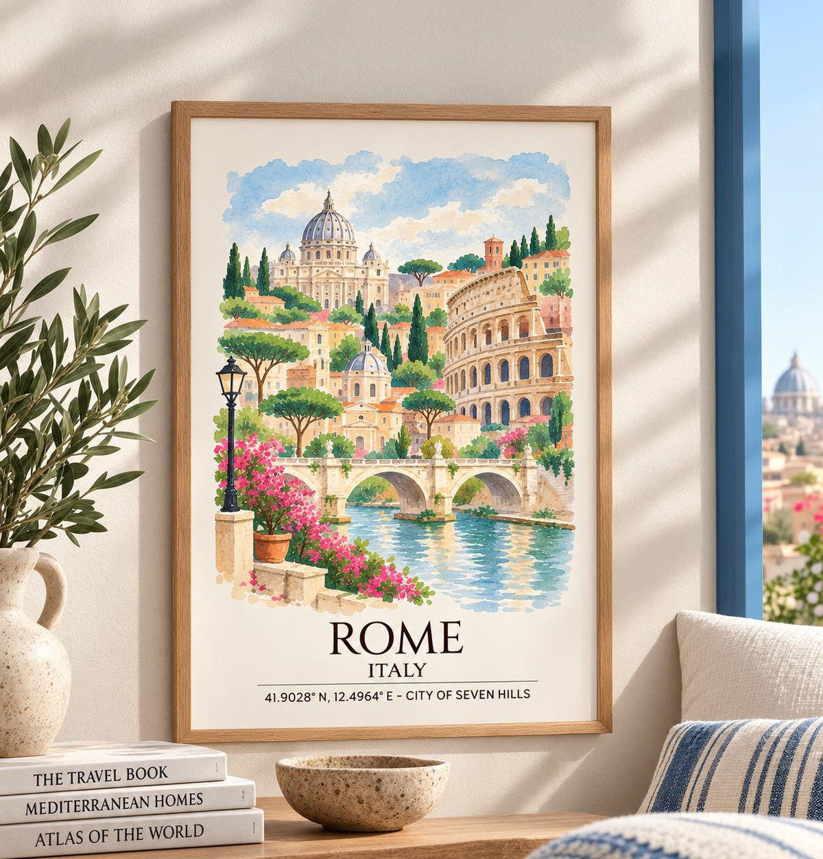 Rome Italy Watercolour Print, Colosseum Wall Art, St Peter's Basilica Poster, Tiber River Print, Italian Coordinates Print