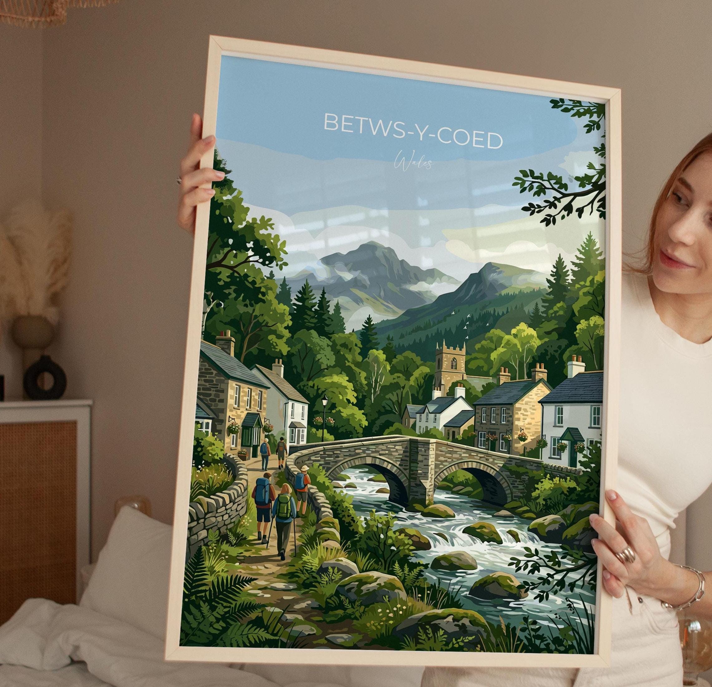 Betws-y-Coed Wales Print, Pont-y-Pair Bridge Poster, Snowdonia Wall Art with Border, Welsh Village Print, North Wales Gift Print
