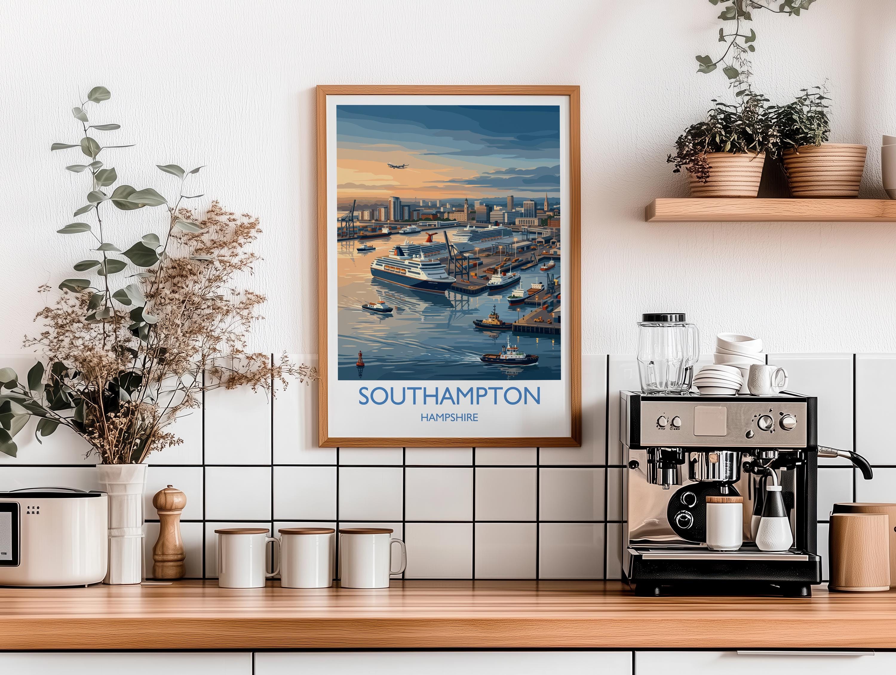 Port of Southampton Travel Poster, Southampton Docks Wall Art, Cruise Ship Harbour Print, Historic Port Illustration, UK Coastal Decor