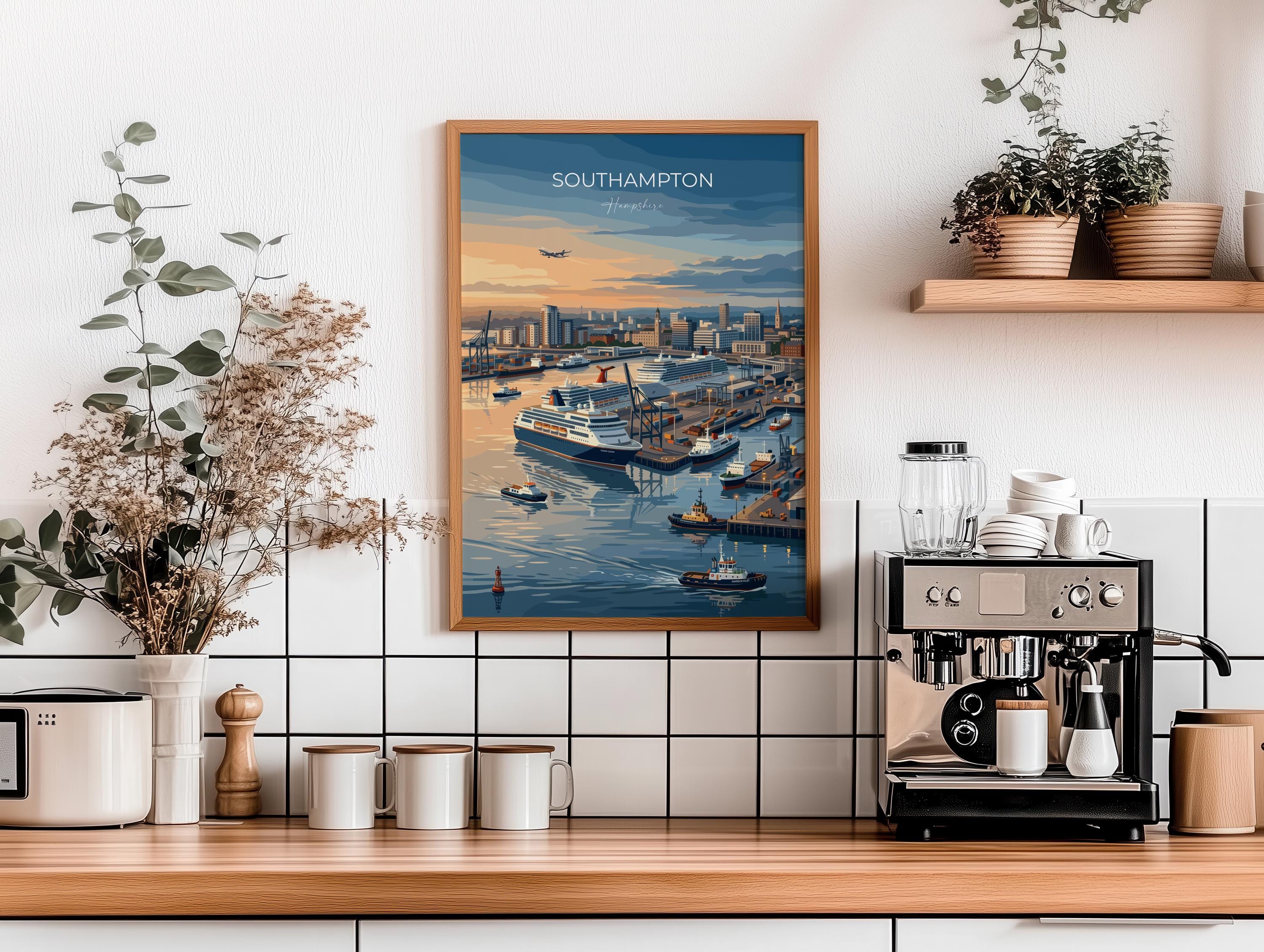 Southampton Port Travel Print, Southampton Docks Wall Art, Cruise Ship Harbour Poster, Historic Port Illustration, UK Coastal Decor