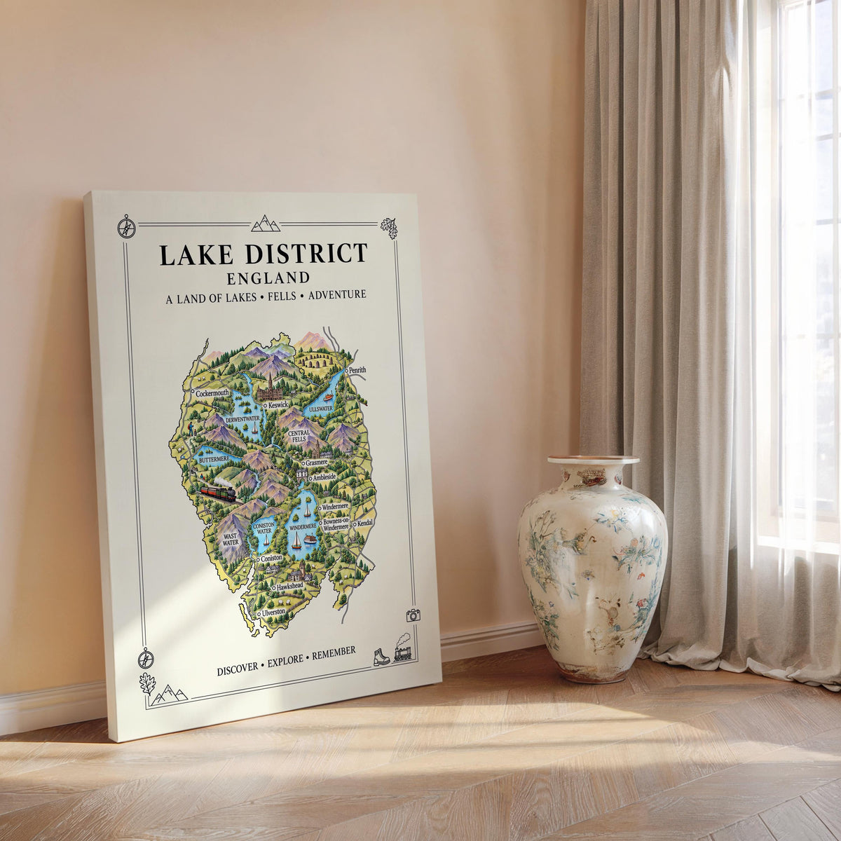 Lake District Illustrated Map Print, England Wall Art, Cumbria Map Poster, Framed or Canvas Print, Lake District Gift