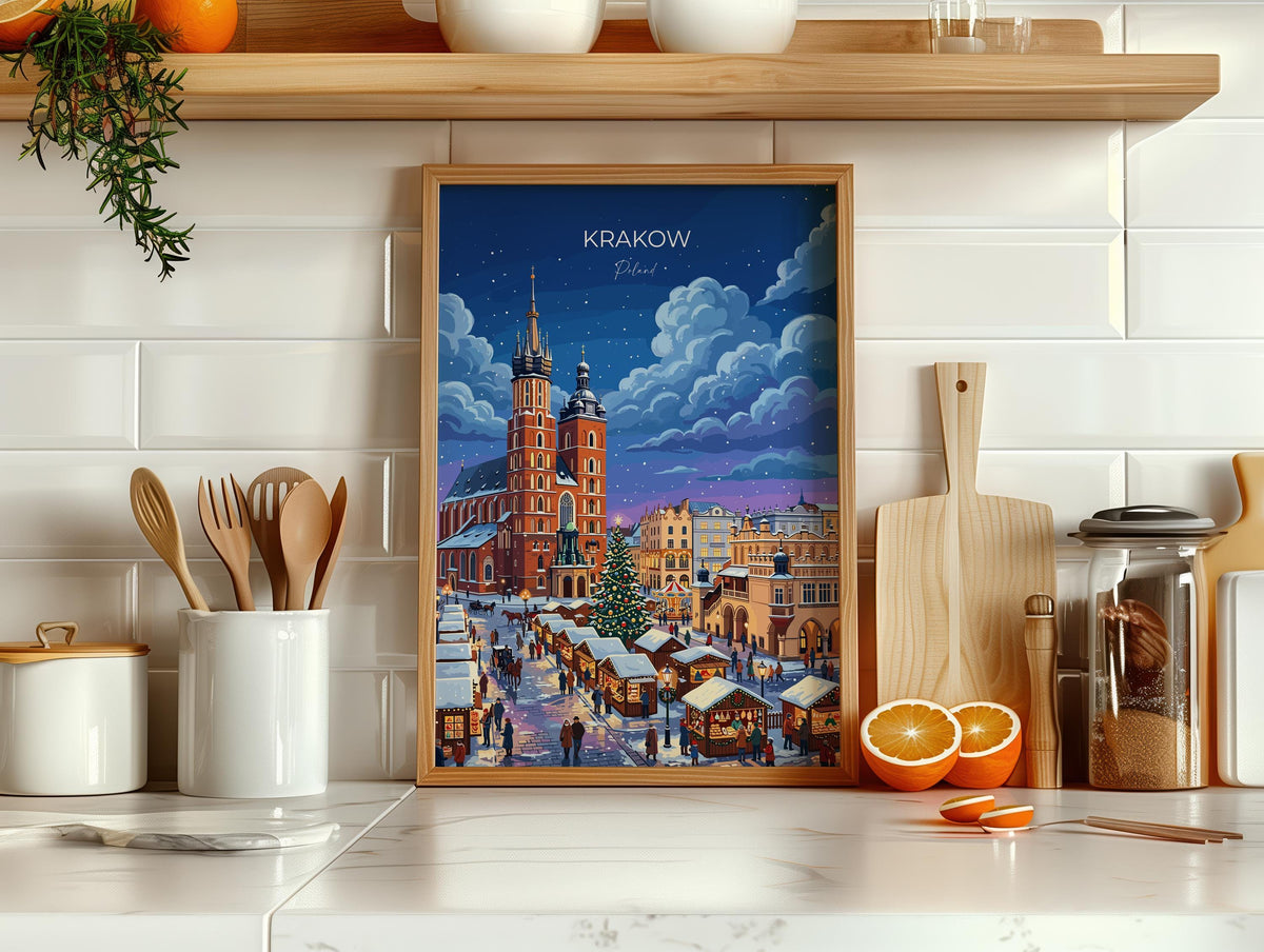 Krakow Christmas Market Poster, Poland Winter Wall Art, St Mary’s Basilica Print, Festive Travel Poster, Krakow Gift