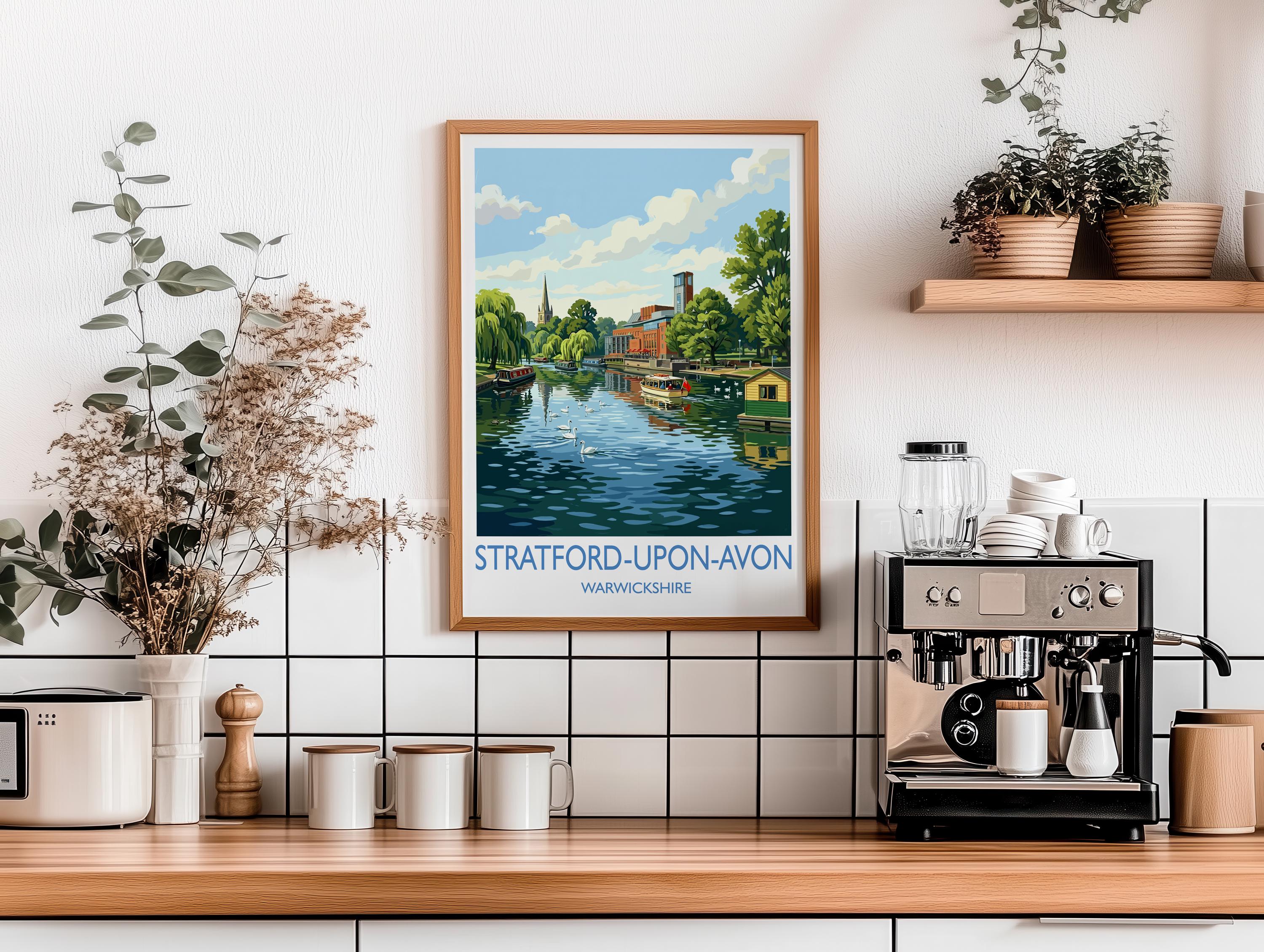 Stratford upon Avon Travel Poster, River Avon Wall Art, Royal Shakespeare Theatre Print, Holy Trinity Church Illustration, UK Decor