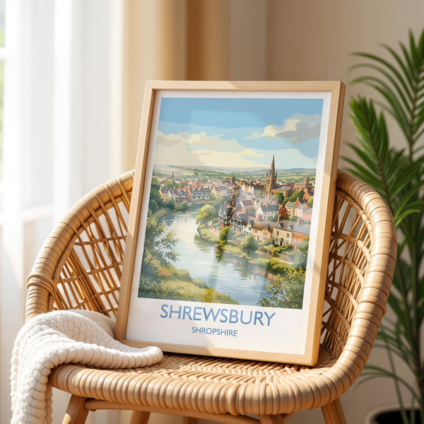 Shrewsbury Travel Poster, River Severn Wall Art, Shrewsbury Town Print, Historic Church Illustration, Shropshire Landscape, UK Decor