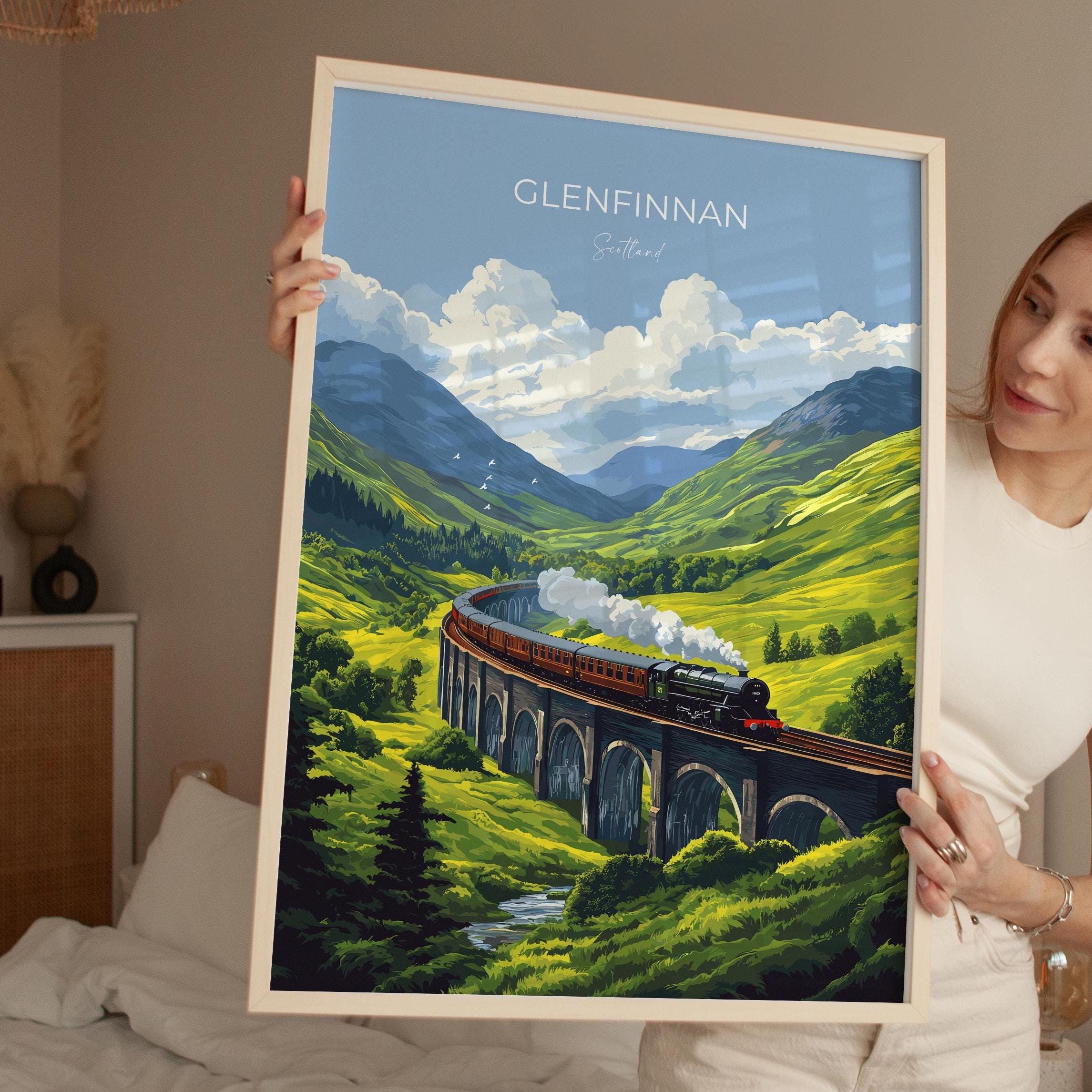 Glenfinnan Viaduct Travel Poster Wall Art, Scottish Highlands Art, Railway Bridge Print, Scotland Landscape, Steam Train Decor Artwork NQ Media Designs